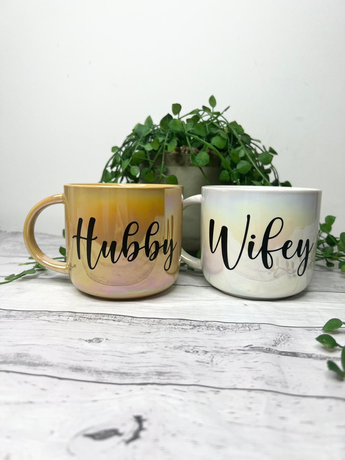 Hubby and wifey  440ml mugs coffee cups set couple gift set Mustard Chrome and white Chrome