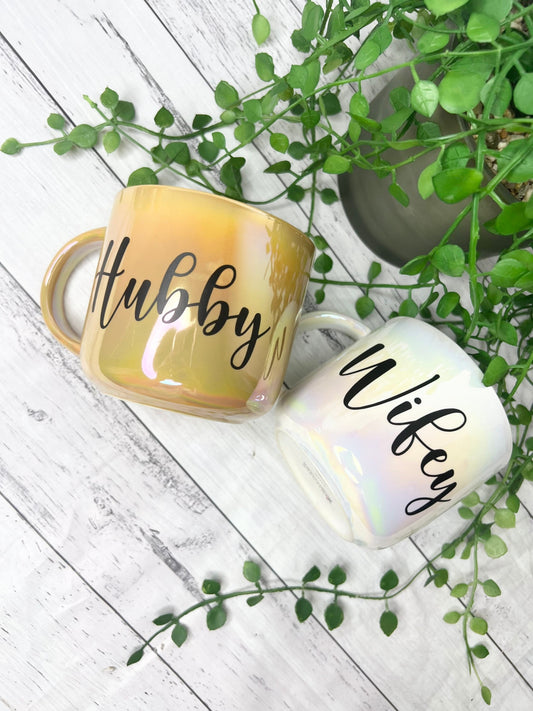 Hubby and wifey  440ml mugs coffee cups set couple gift set Mustard Chrome and white Chrome