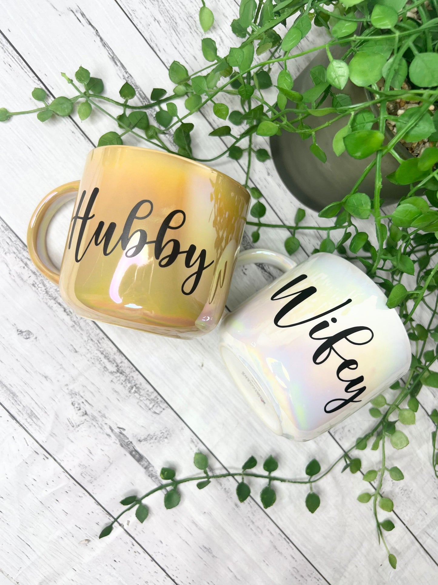 Hubby and wifey  440ml mugs coffee cups set couple gift set Mustard Chrome and white Chrome
