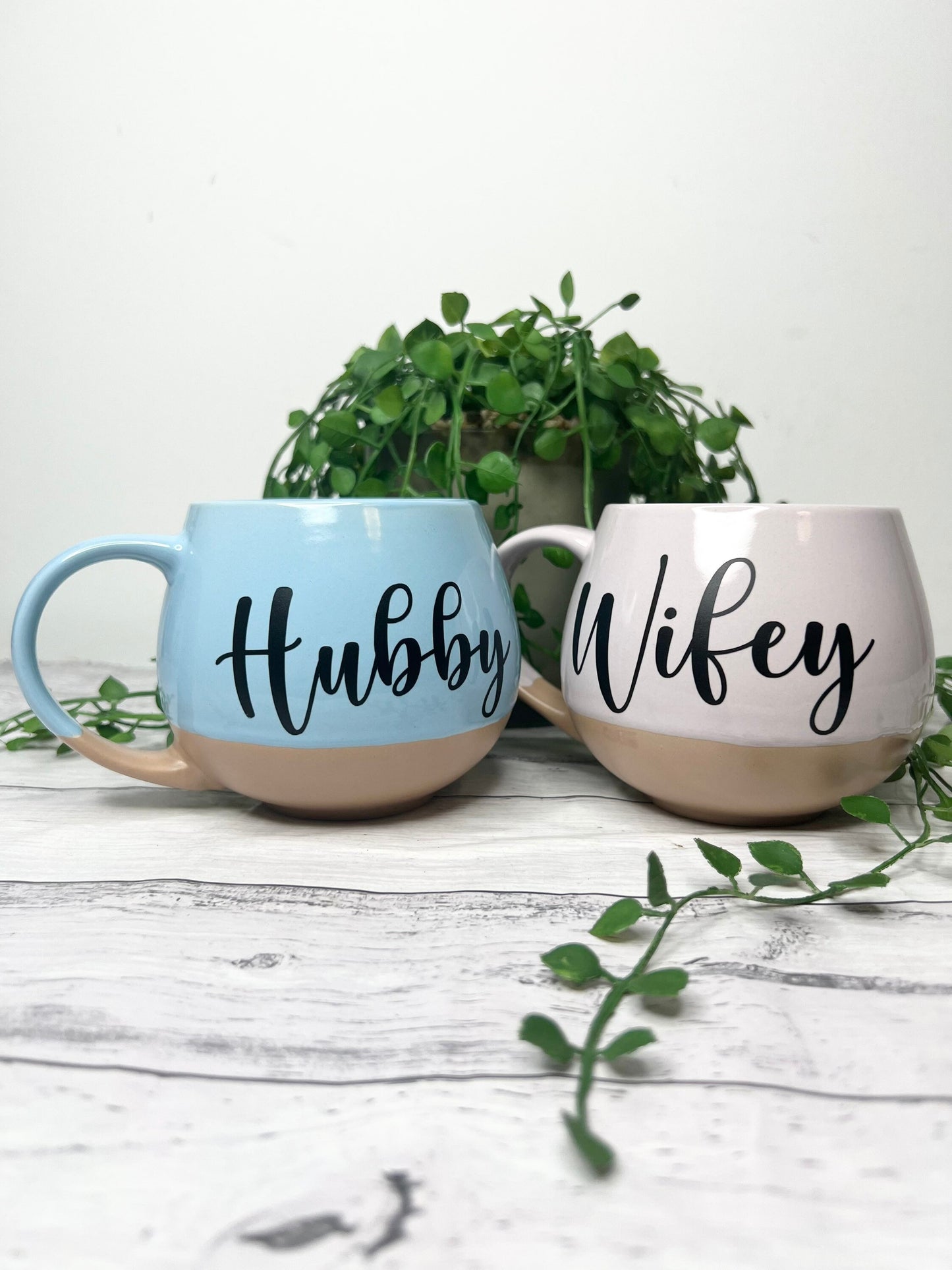 Hubby and Wifey Pink and cream and Blue and cream Hug mugs set 450ml