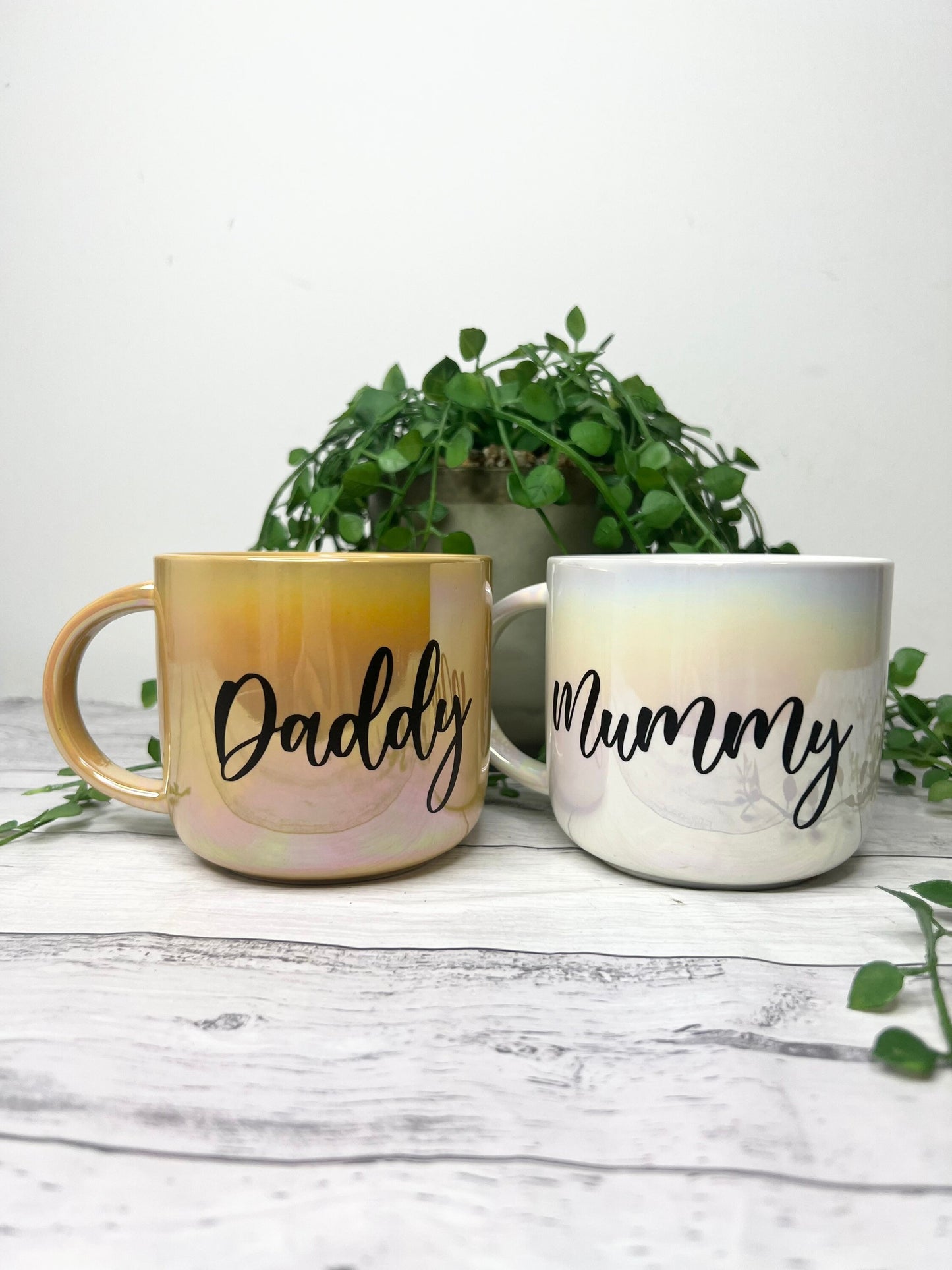 Mummy and Daddy  440ml mugs coffee cups set couple gift set White Chrome and Mustard Chrome