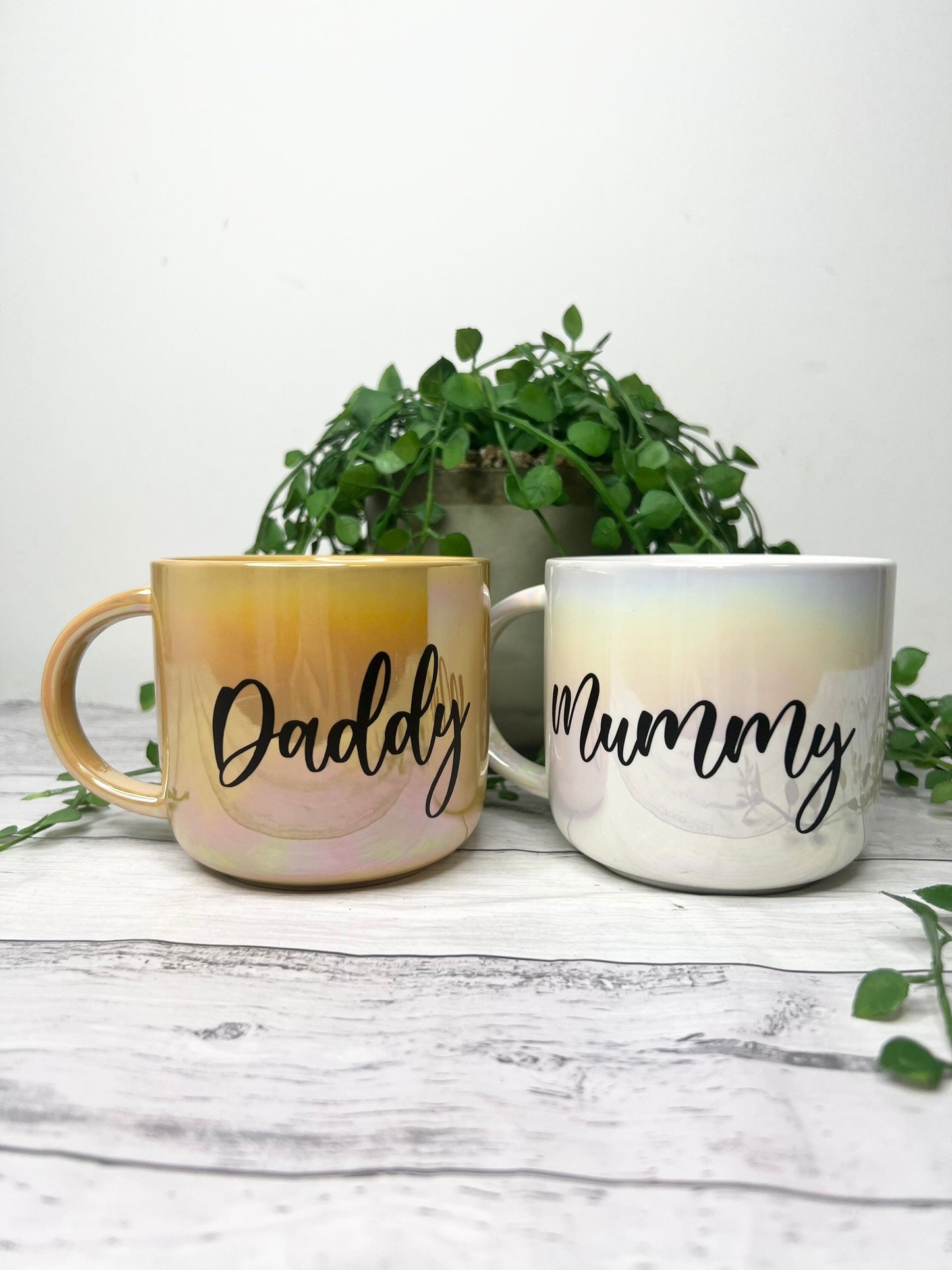 Mummy and Daddy  440ml mugs coffee cups set couple gift set White Chrome and Mustard Chrome