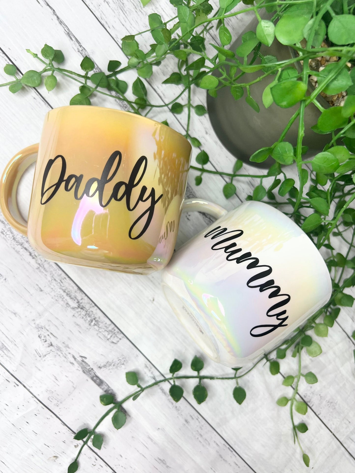 Mummy and Daddy  440ml mugs coffee cups set couple gift set White Chrome and Mustard Chrome