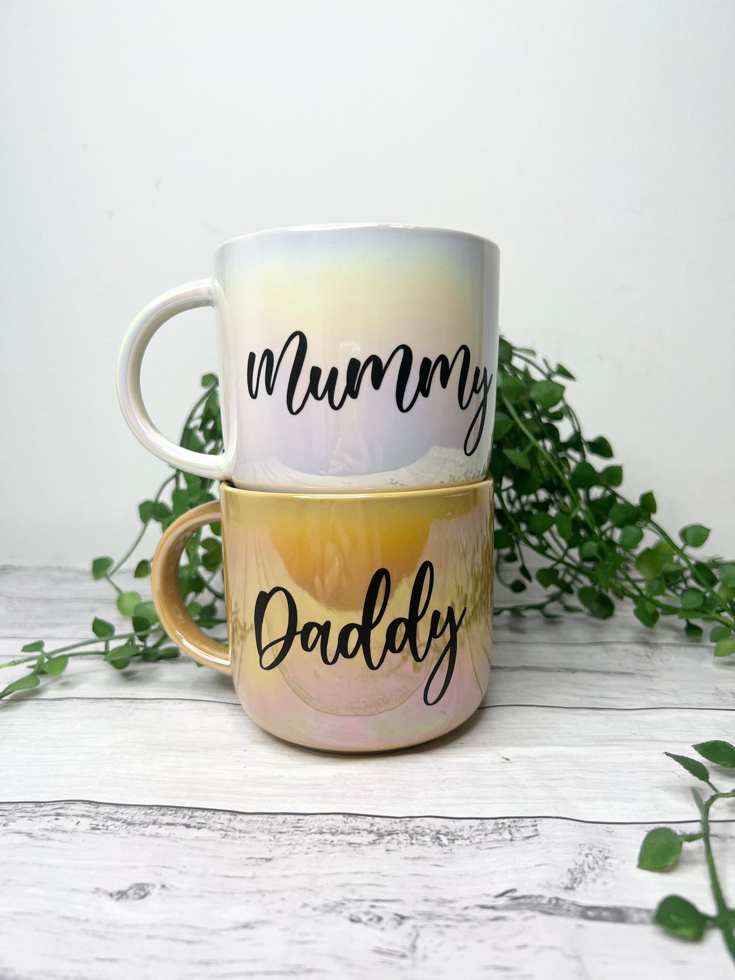 Mummy and Daddy  440ml mugs coffee cups set couple gift set White Chrome and Mustard Chrome