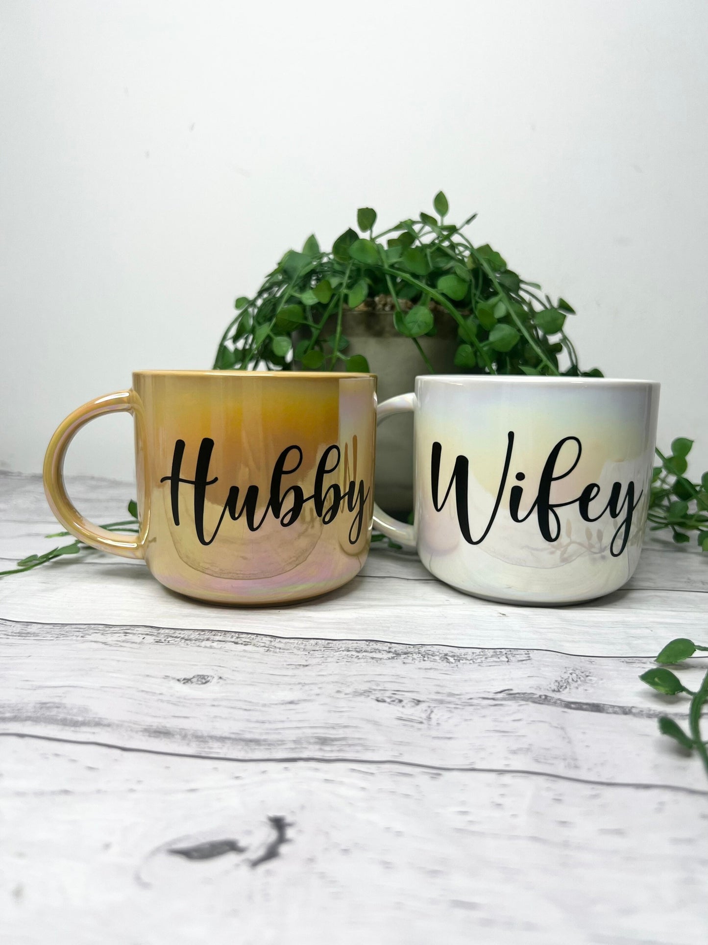 Hubby and wifey  440ml mugs coffee cups set couple gift set Mustard Chrome and white Chrome