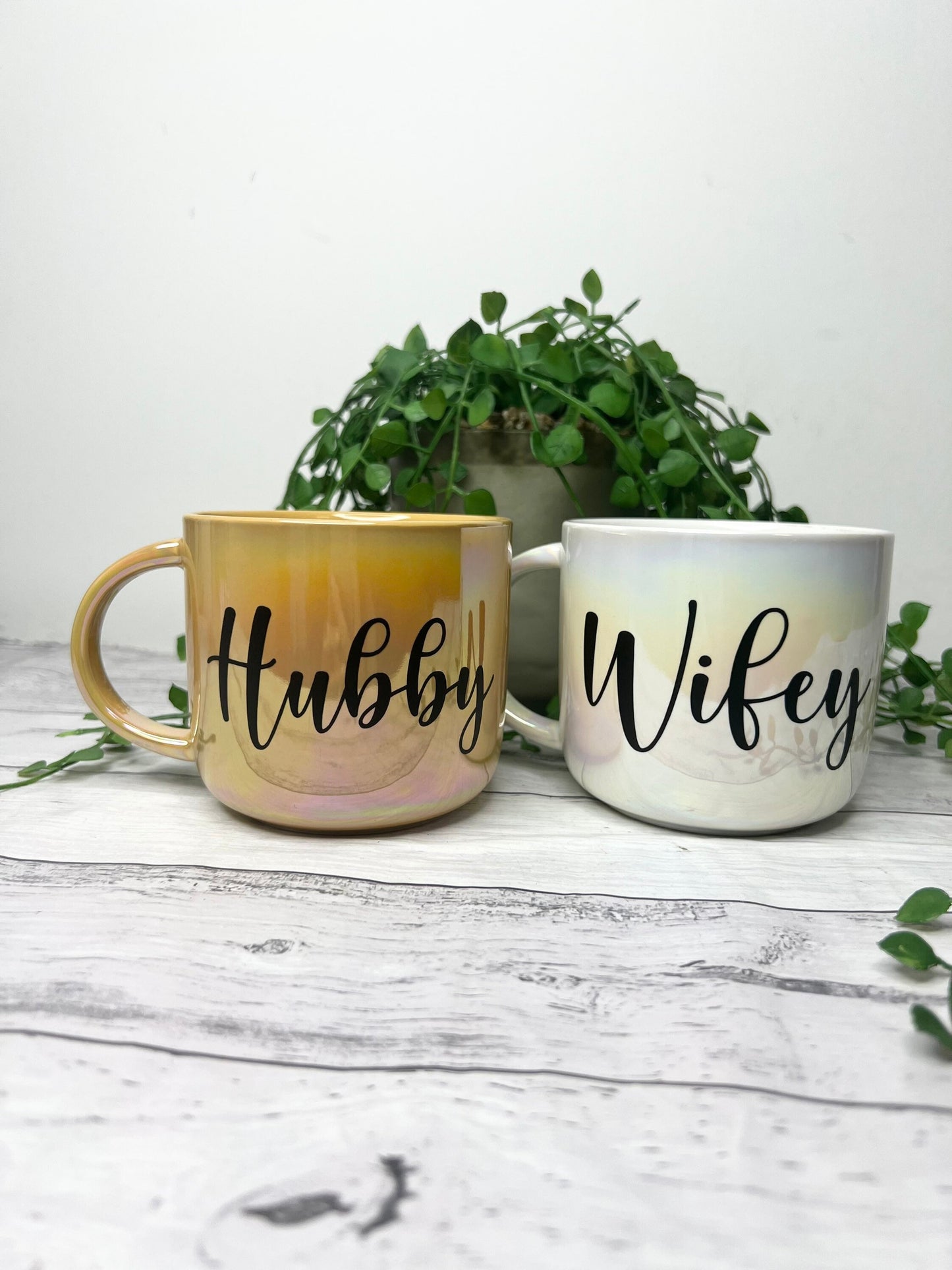 Hubby and wifey  440ml mugs coffee cups set couple gift set Mustard Chrome and white Chrome