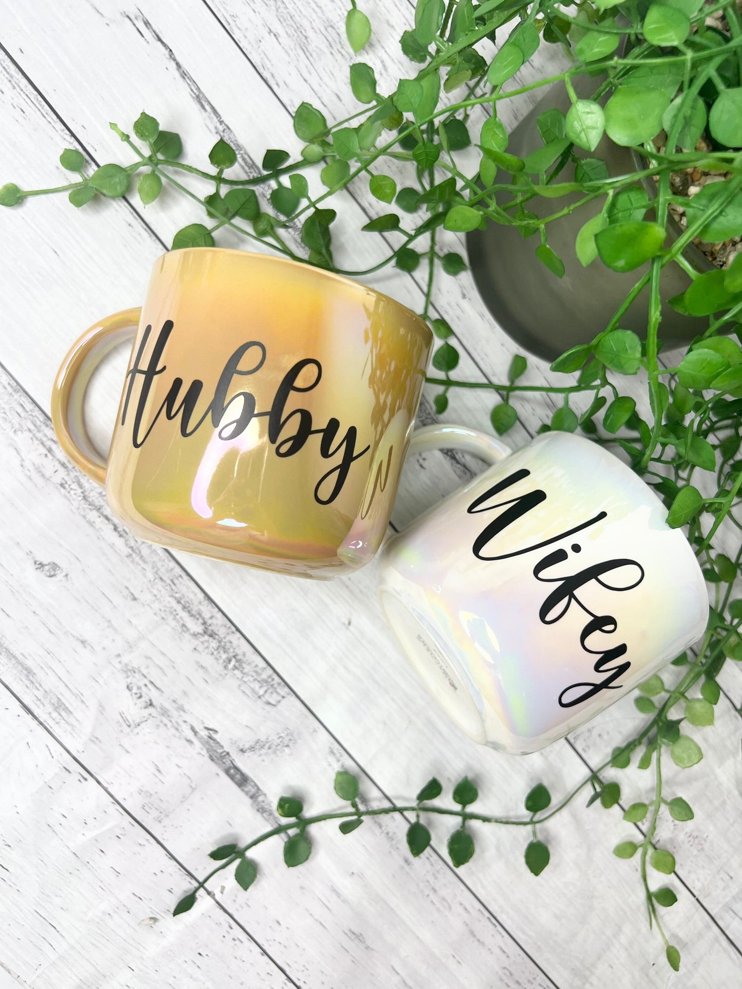 Hubby and wifey  440ml mugs coffee cups set couple gift set Mustard Chrome and white Chrome