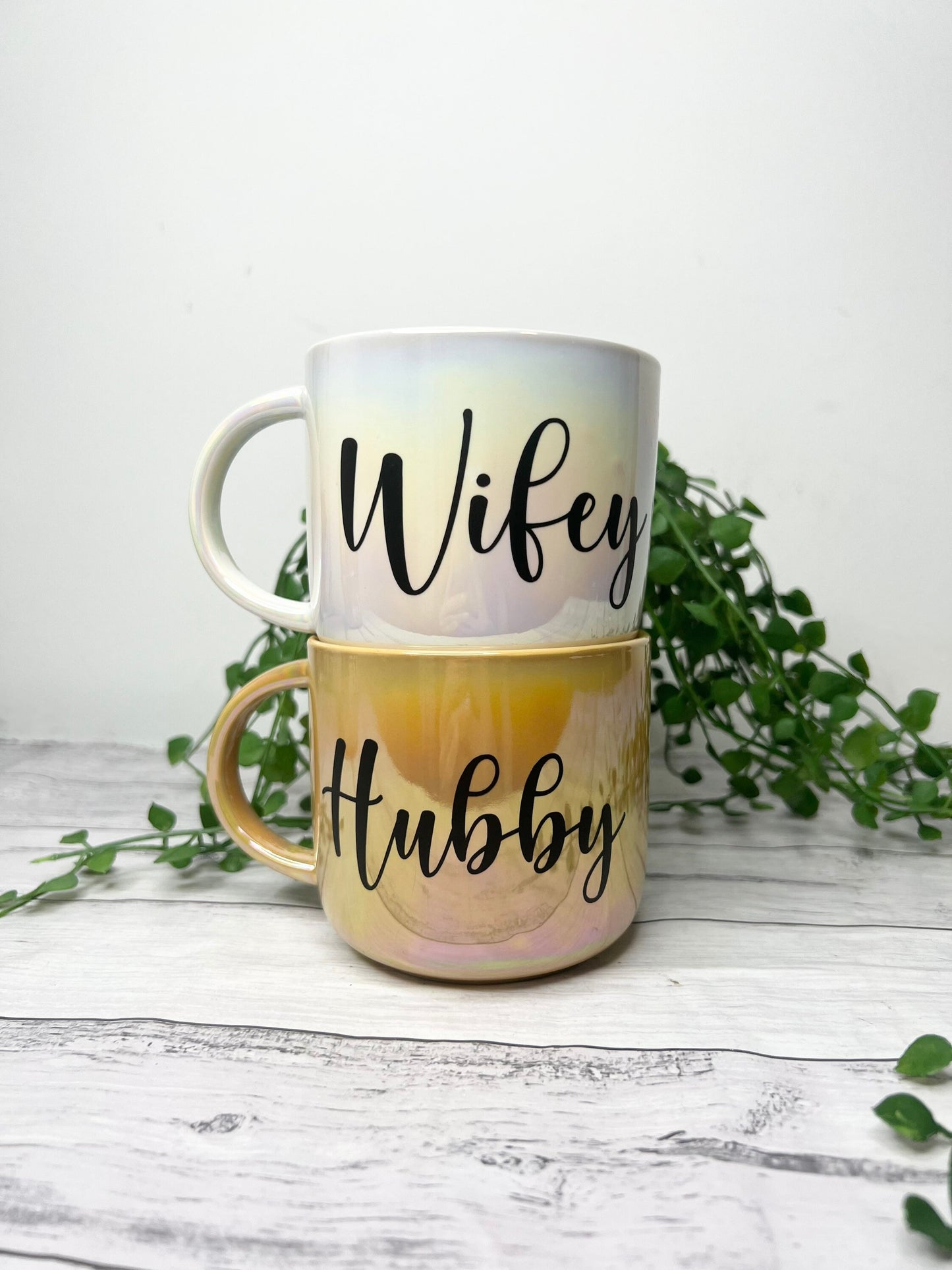 Hubby and wifey  440ml mugs coffee cups set couple gift set Mustard Chrome and white Chrome