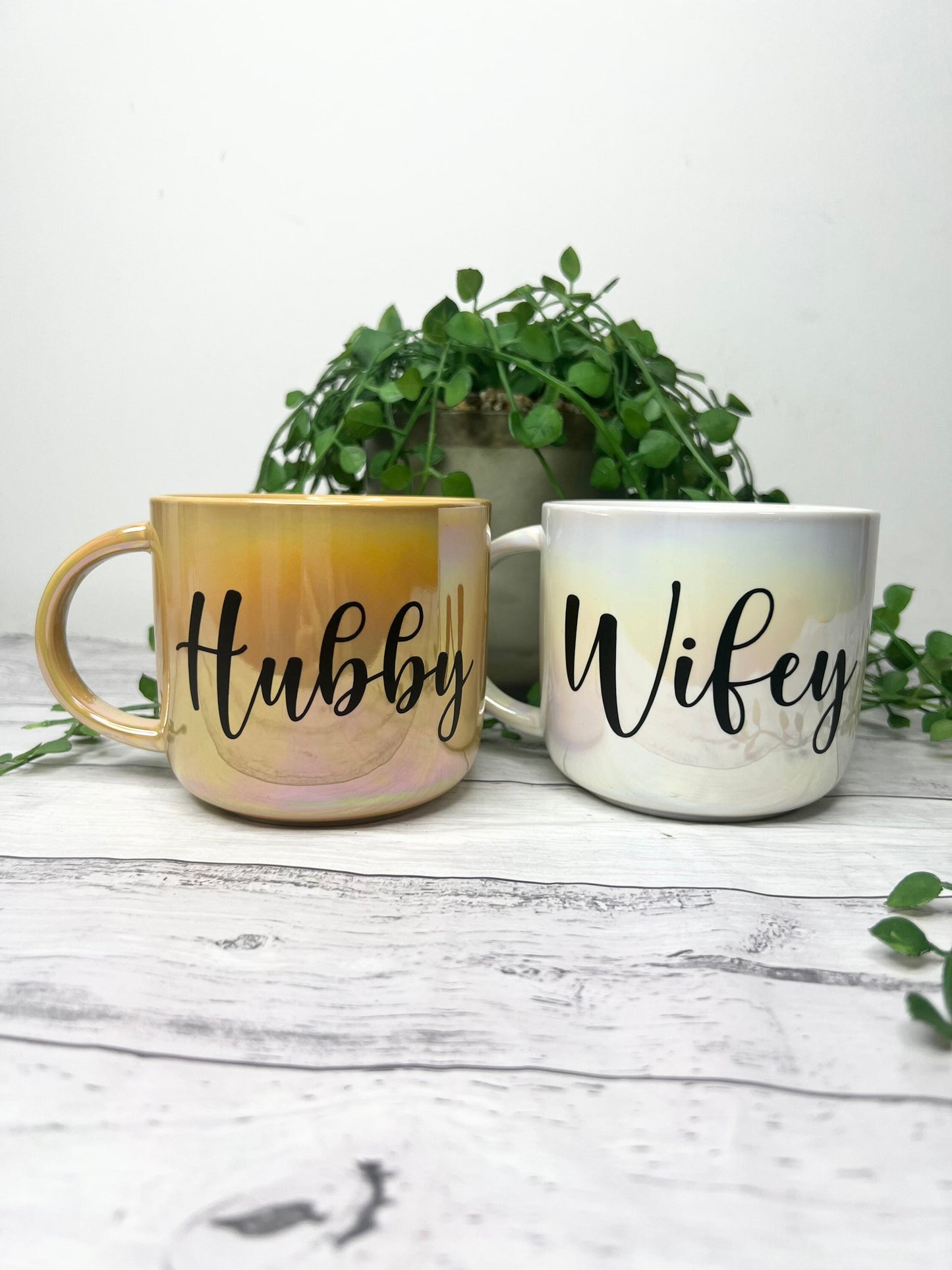 Hubby and wifey  440ml mugs coffee cups set couple gift set Mustard Chrome and white Chrome