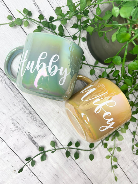Hubby and wifey  440ml mugs coffee cups set couple gift set Mustard Chrome and green Chrome