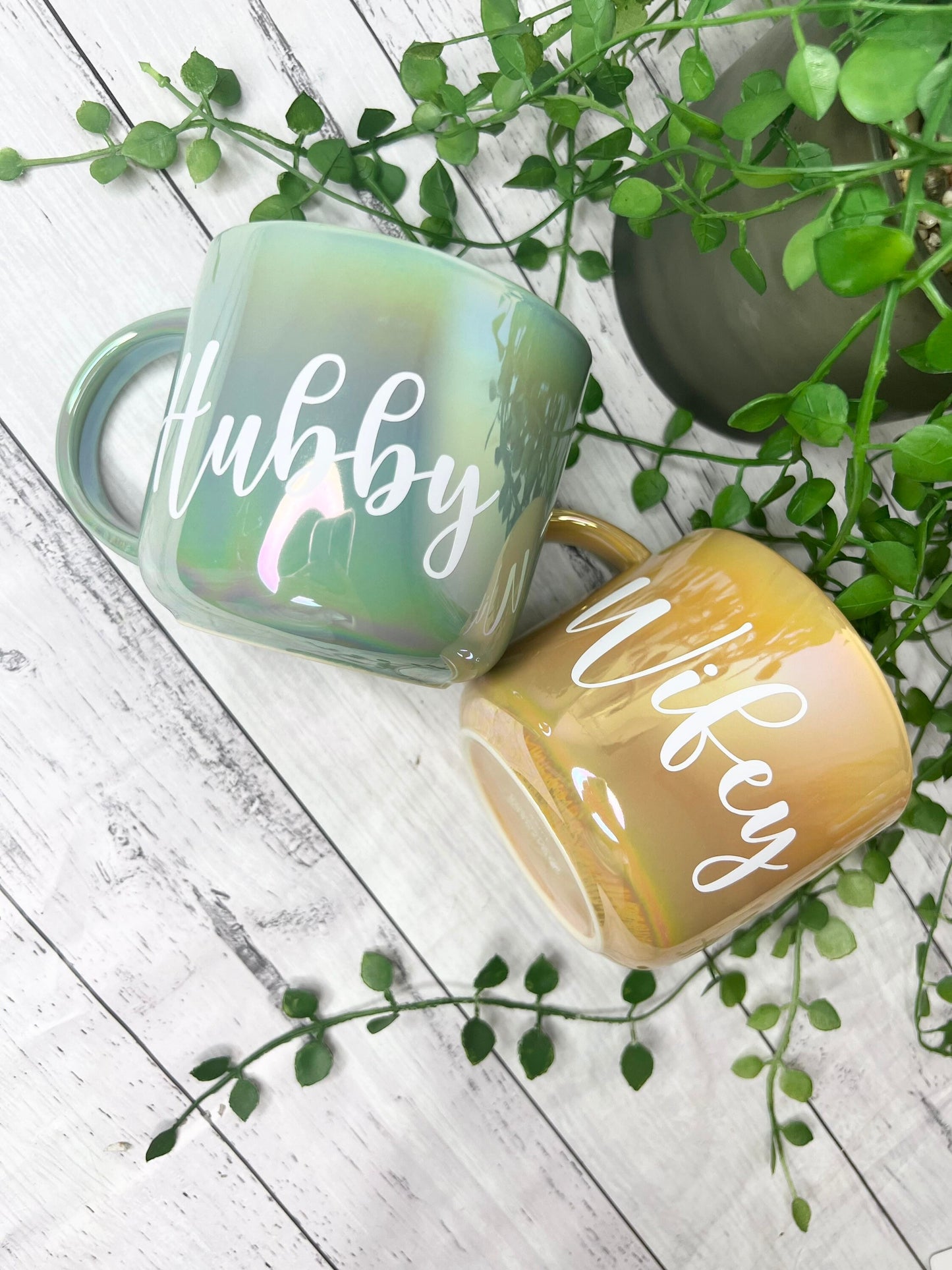 Hubby and wifey  440ml mugs coffee cups set couple gift set Mustard Chrome and green Chrome