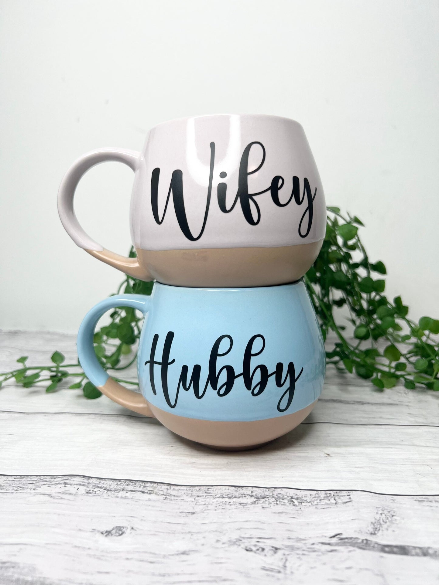 Hubby and Wifey Pink and cream and Blue and cream Hug mugs set 450ml