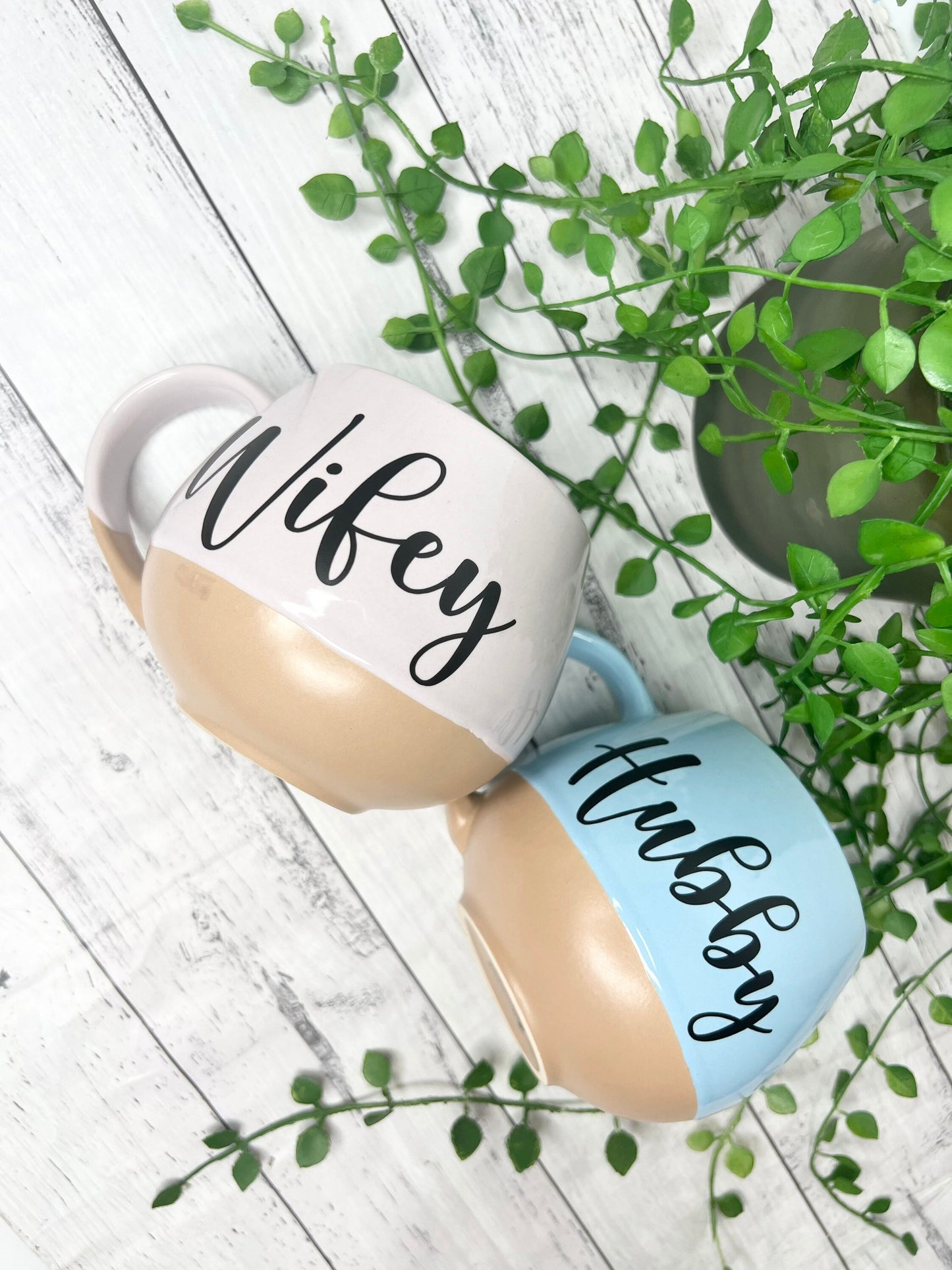 Hubby and Wifey Pink and cream and Blue and cream Hug mugs set 450ml