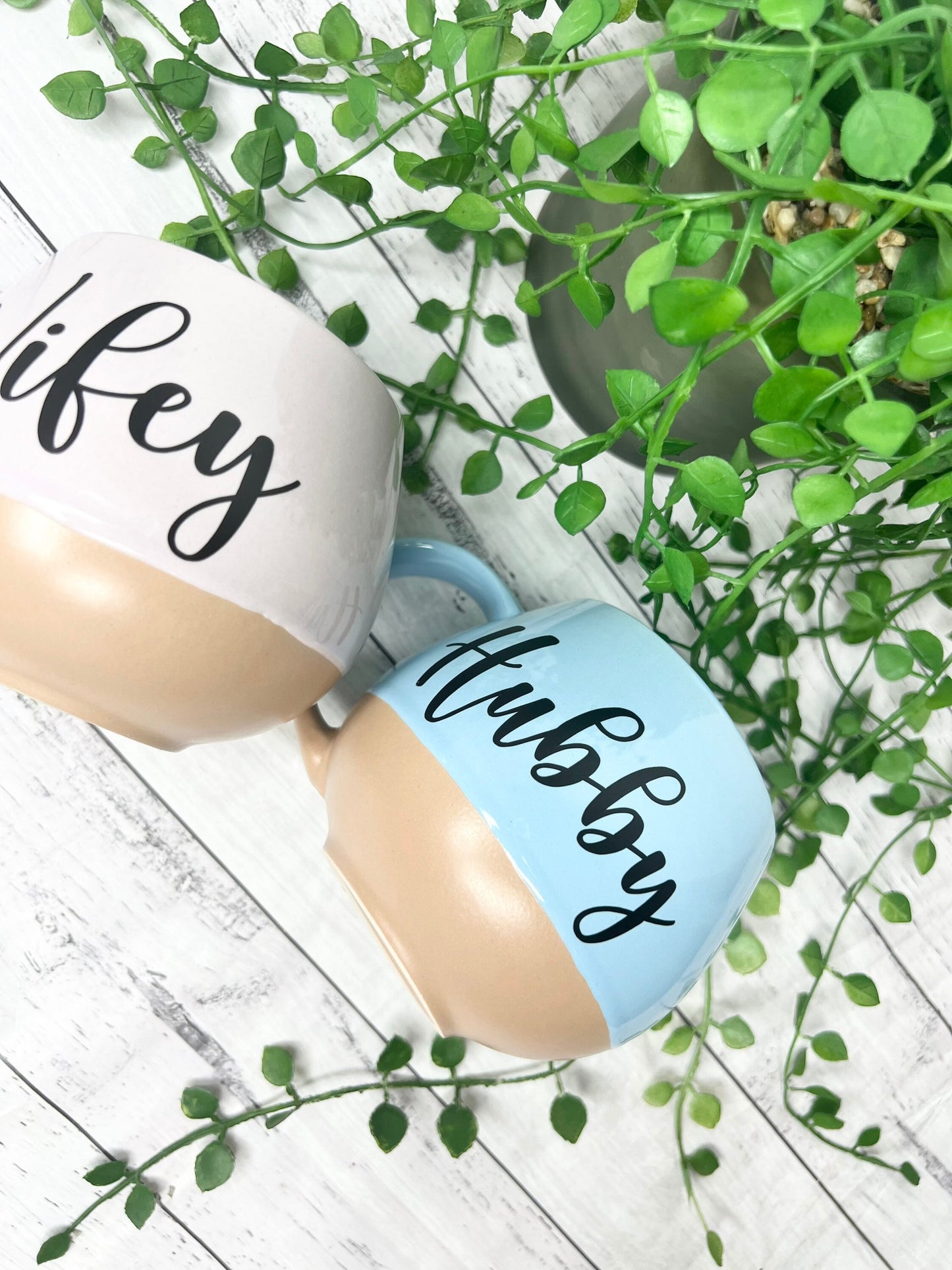 Hubby and Wifey Pink and cream and Blue and cream Hug mugs set 450ml
