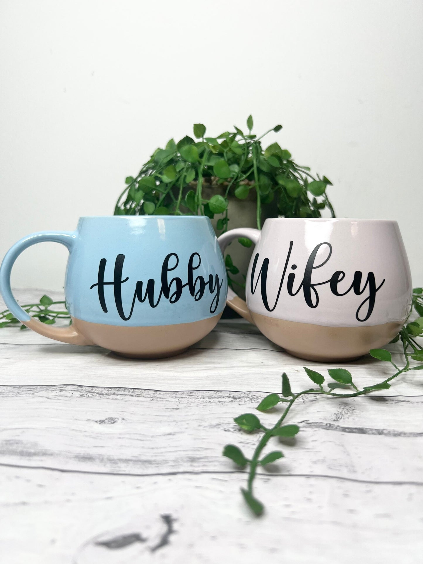 Hubby and Wifey Pink and cream and Blue and cream Hug mugs set 450ml