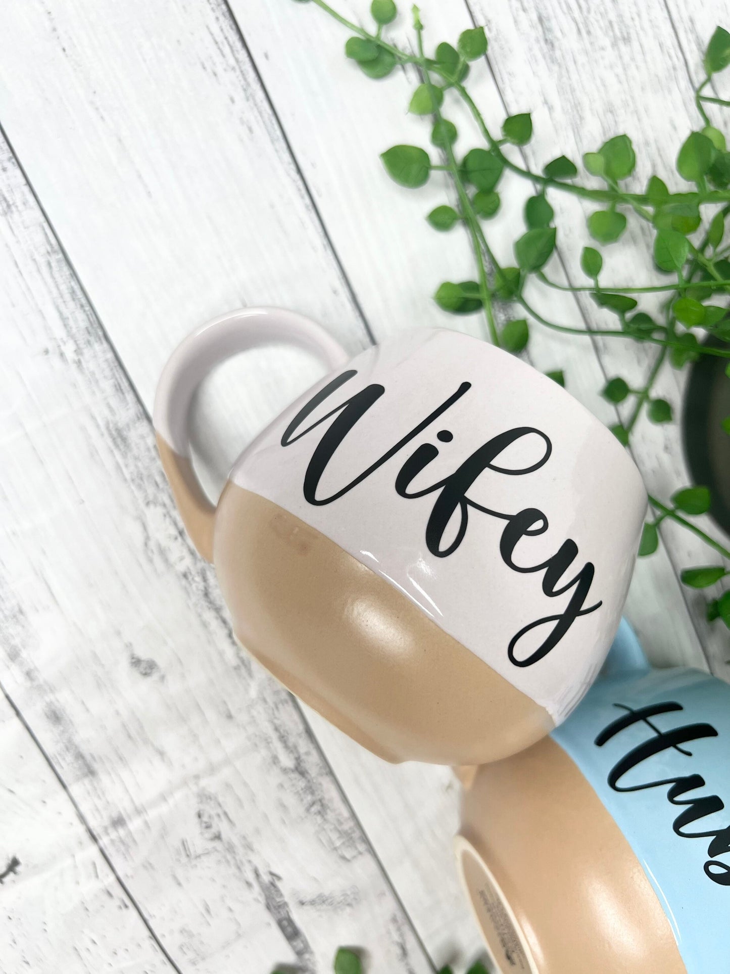 Hubby and Wifey Pink and cream and Blue and cream Hug mugs set 450ml