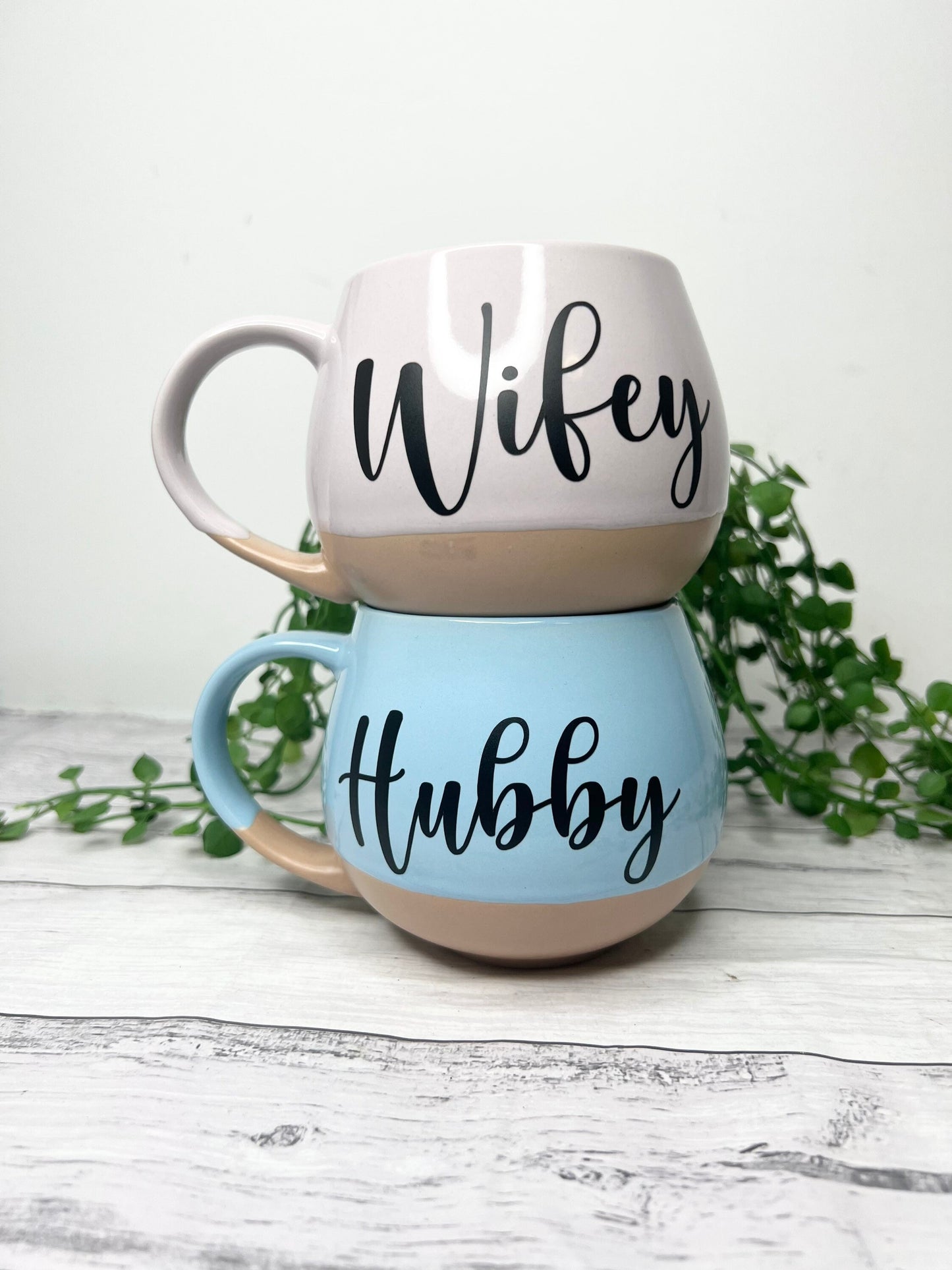 Hubby and Wifey Pink and cream and Blue and cream Hug mugs set 450ml