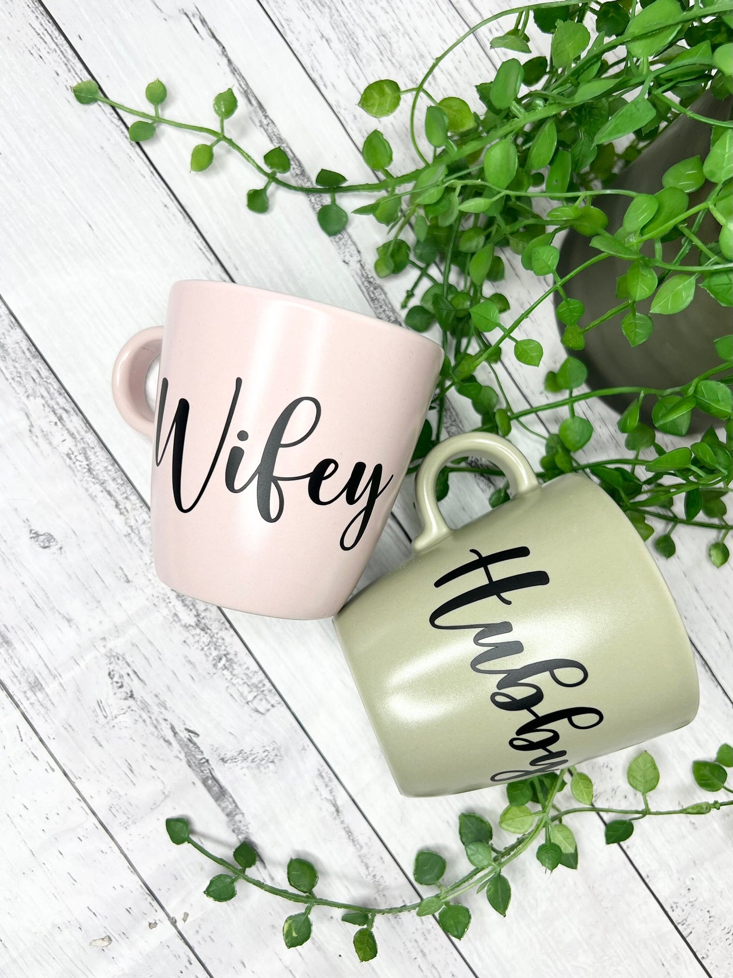 Hubby and wifey mug couple set green and Pink coffee cup black writing