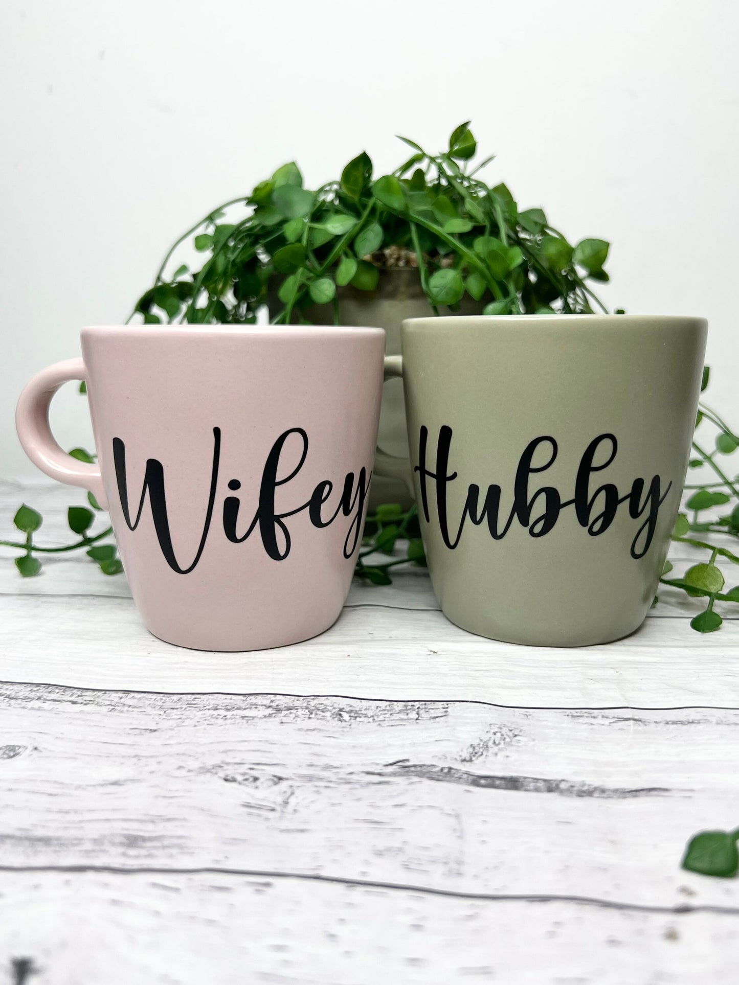 Hubby and wifey mug couple set green and Pink coffee cup black writing