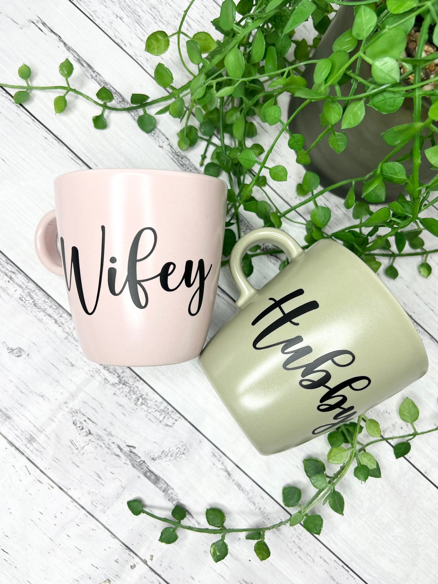 Hubby and wifey mug couple set green and Pink coffee cup black writing