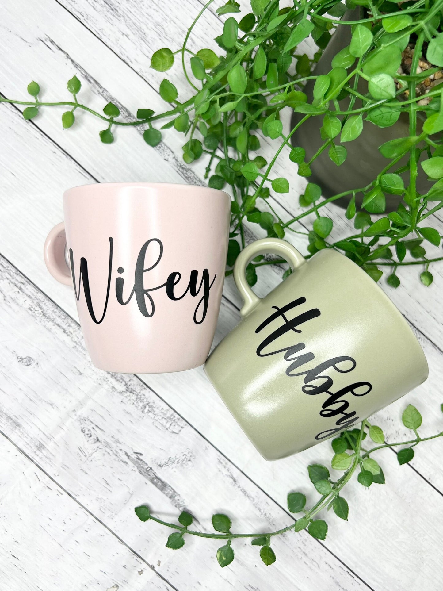 Hubby and wifey mug couple set green and Pink coffee cup black writing