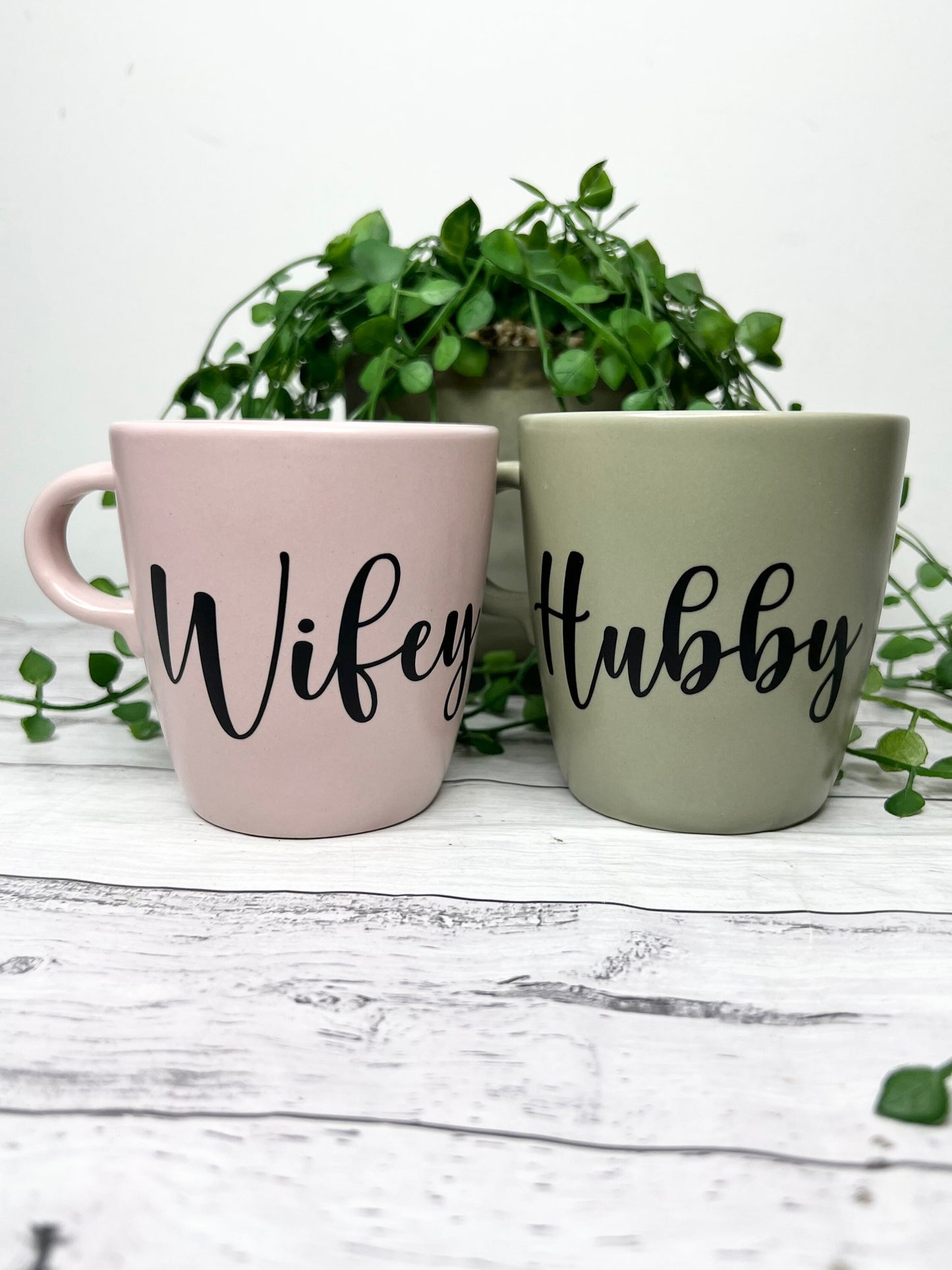 Hubby and wifey mug couple set green and Pink coffee cup black writing