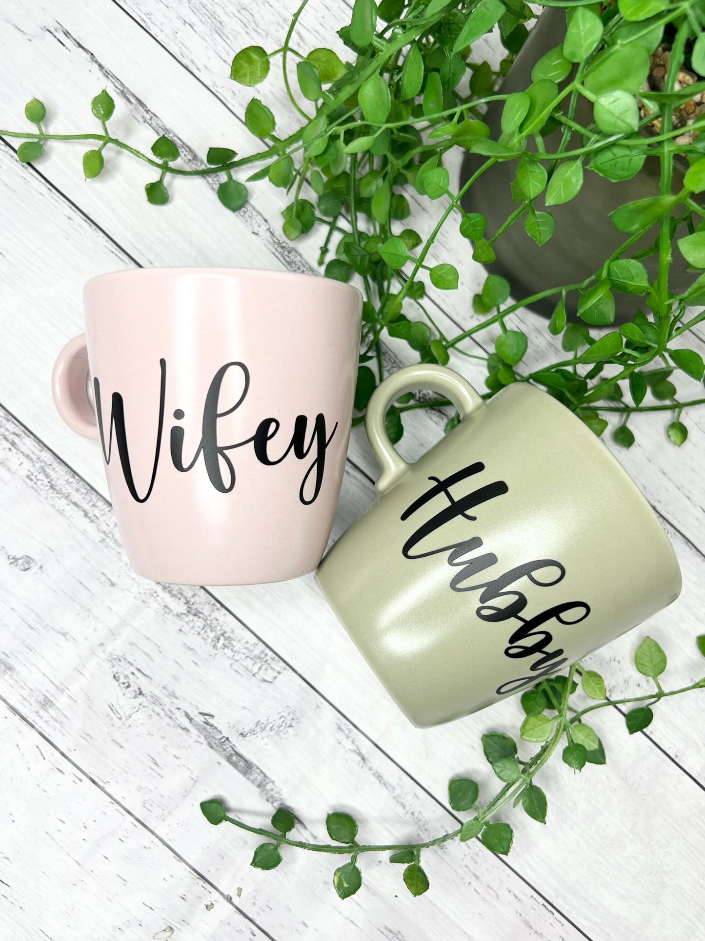 Hubby and wifey mug couple set green and Pink coffee cup black writing