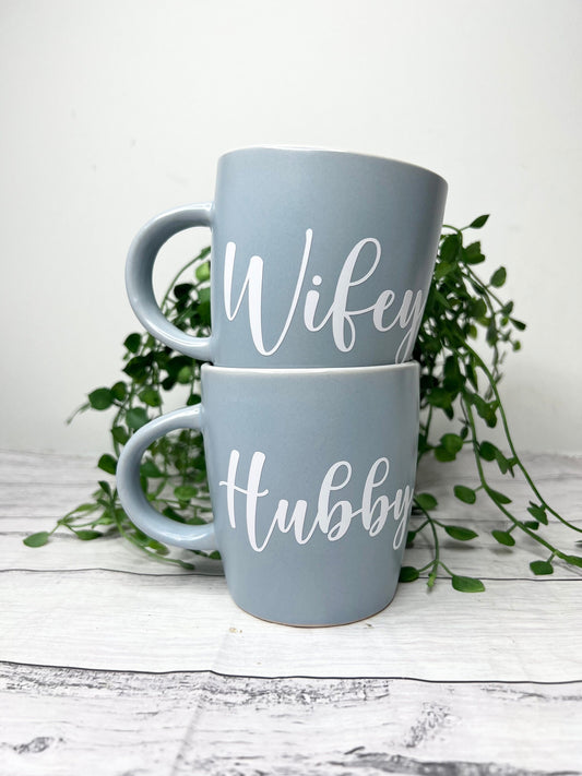 Hubby and Wifey Couple Blue With White writing Mug set 340Ml