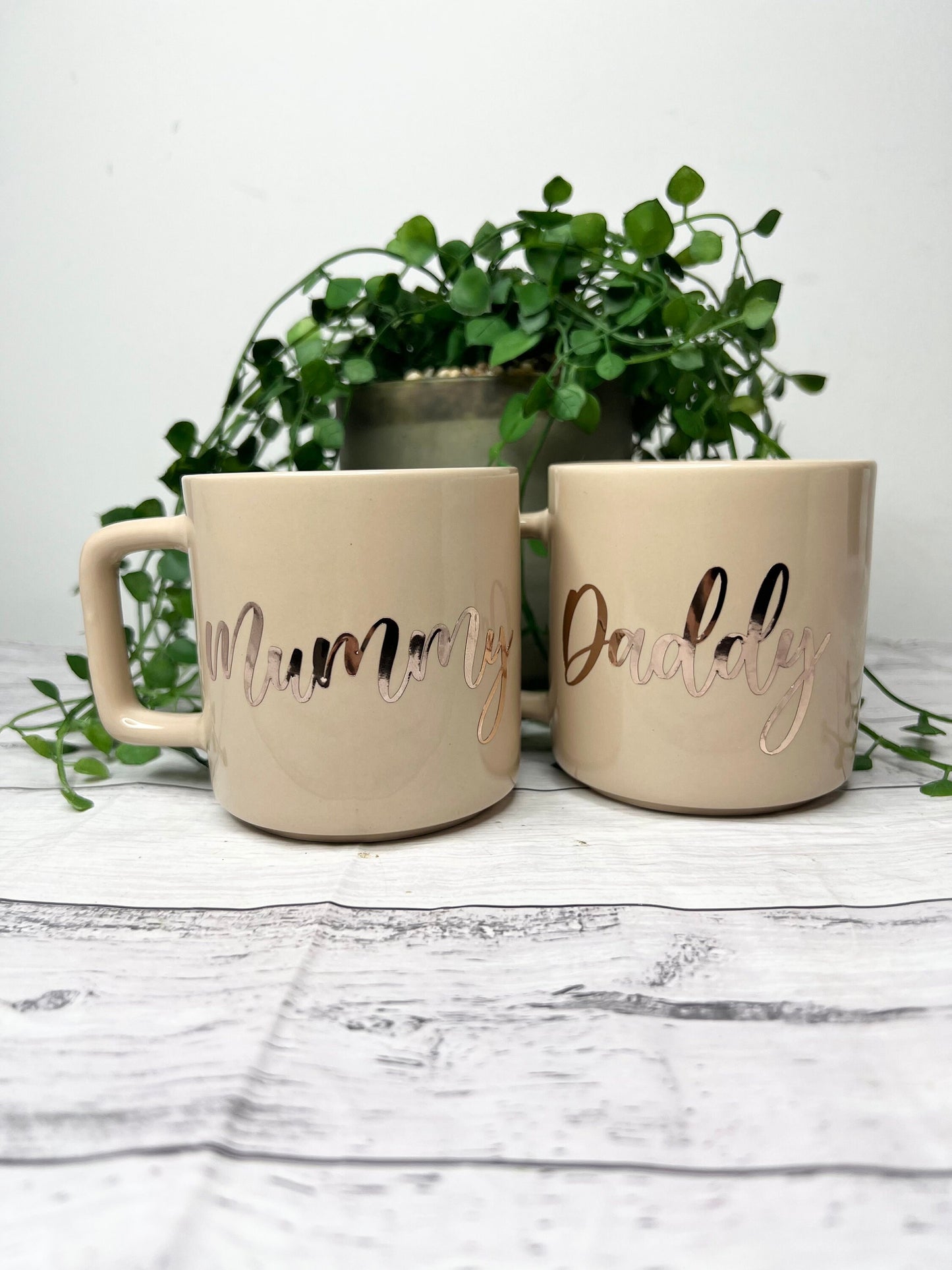 Mummy and Daddy Beige Mugs With Rose Gold writing Mug set 320ml