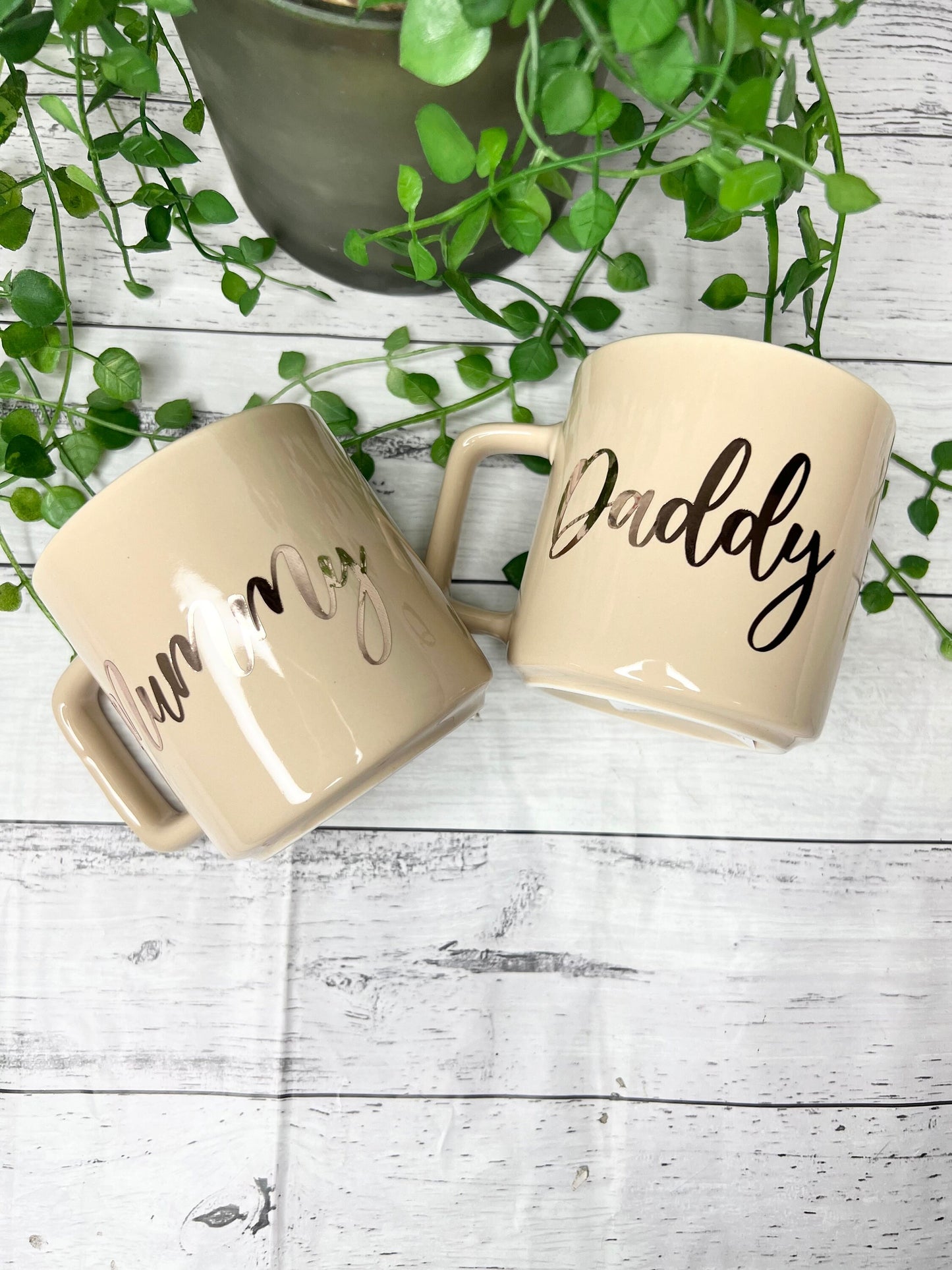 Mummy and Daddy Beige Mugs With Rose Gold writing Mug set 320ml
