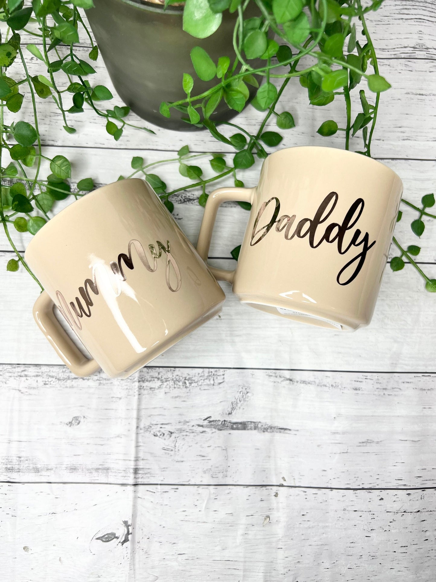 Mummy and Daddy Beige Mugs With Rose Gold writing Mug set 320ml