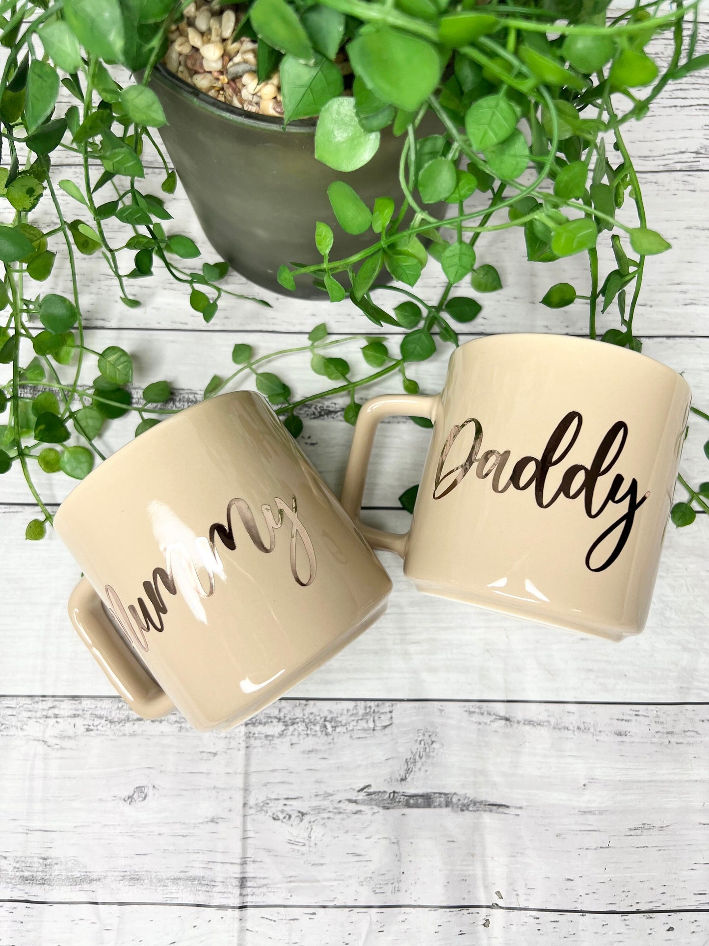 Mummy and Daddy Beige Mugs With Rose Gold writing Mug set 320ml