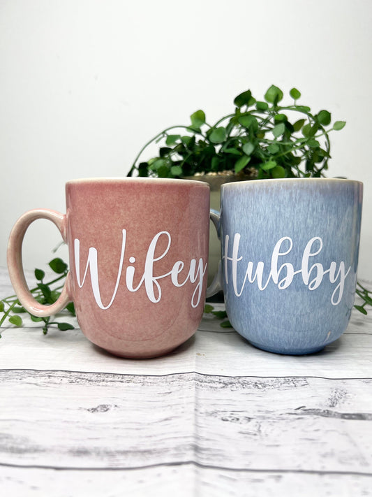 Hubby and Wifey  Pink and Blue Mug with White writing Mug set 380ml