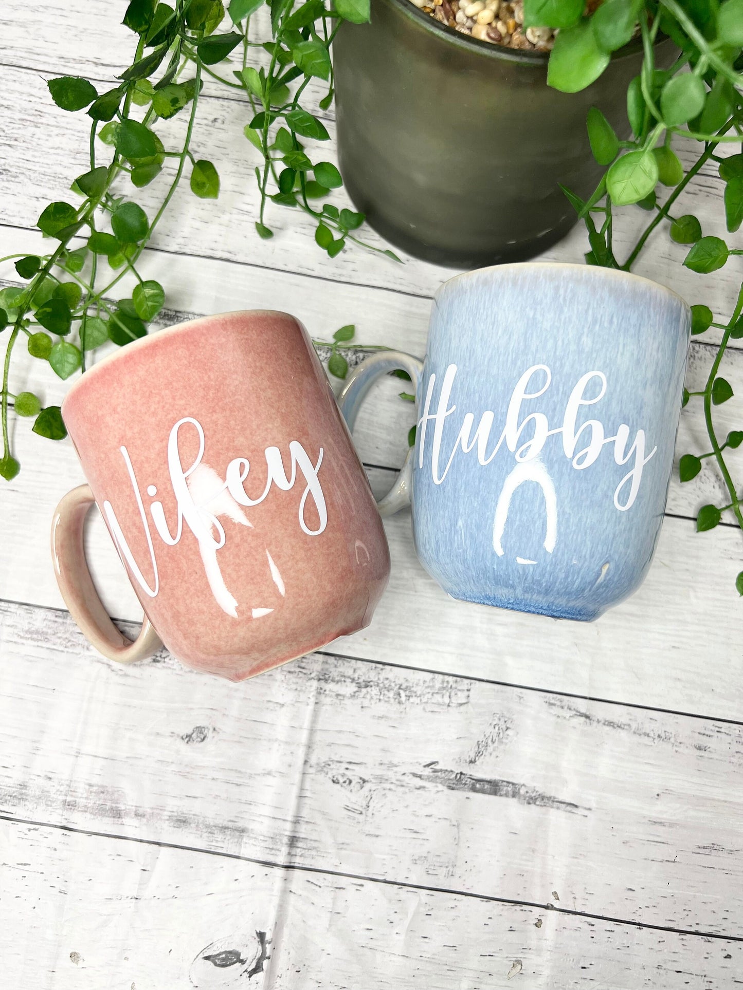 Hubby and Wifey  Pink and Blue Mug with White writing Mug set 380ml