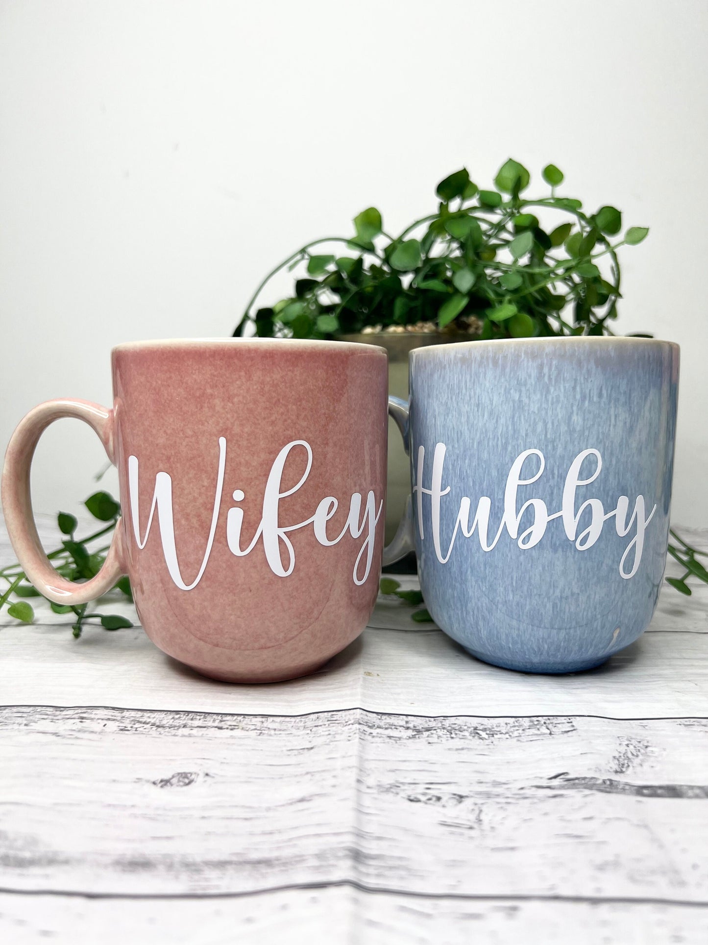 Hubby and Wifey  Pink and Blue Mug with White writing Mug set 380ml