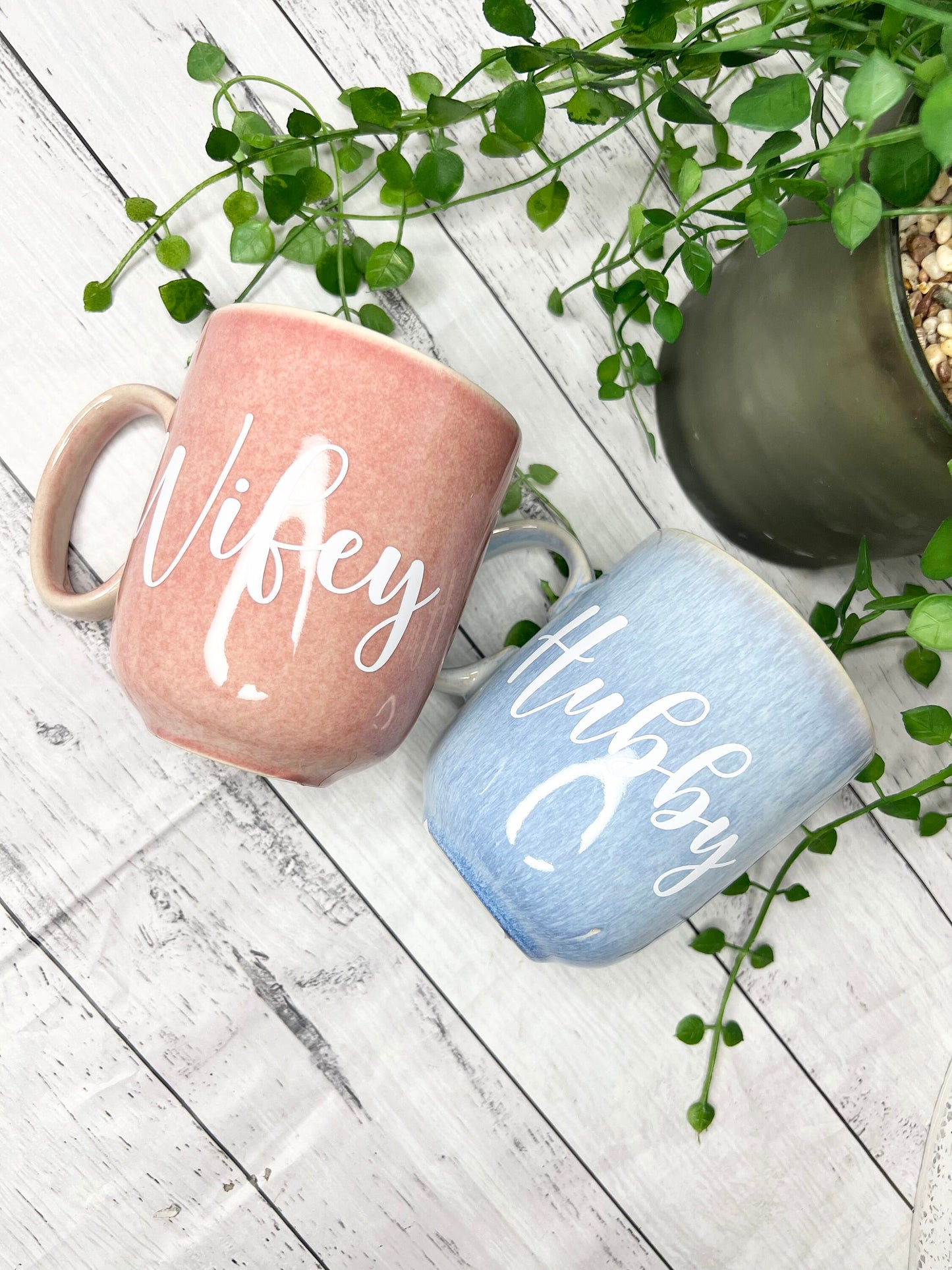 Hubby and Wifey  Pink and Blue Mug with White writing Mug set 380ml