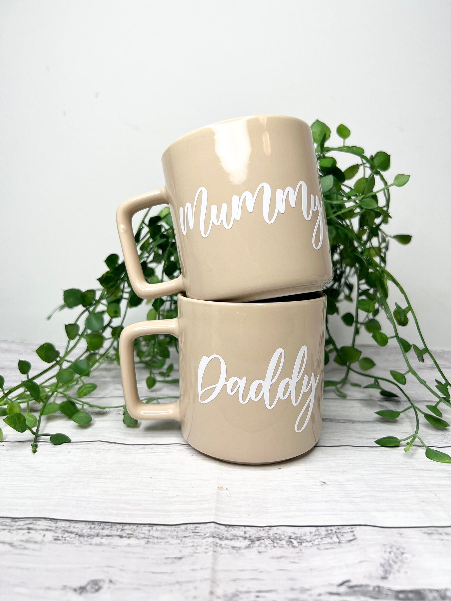 Mummy and Daddy Beige Mugs With White writing Mug set 320ml
