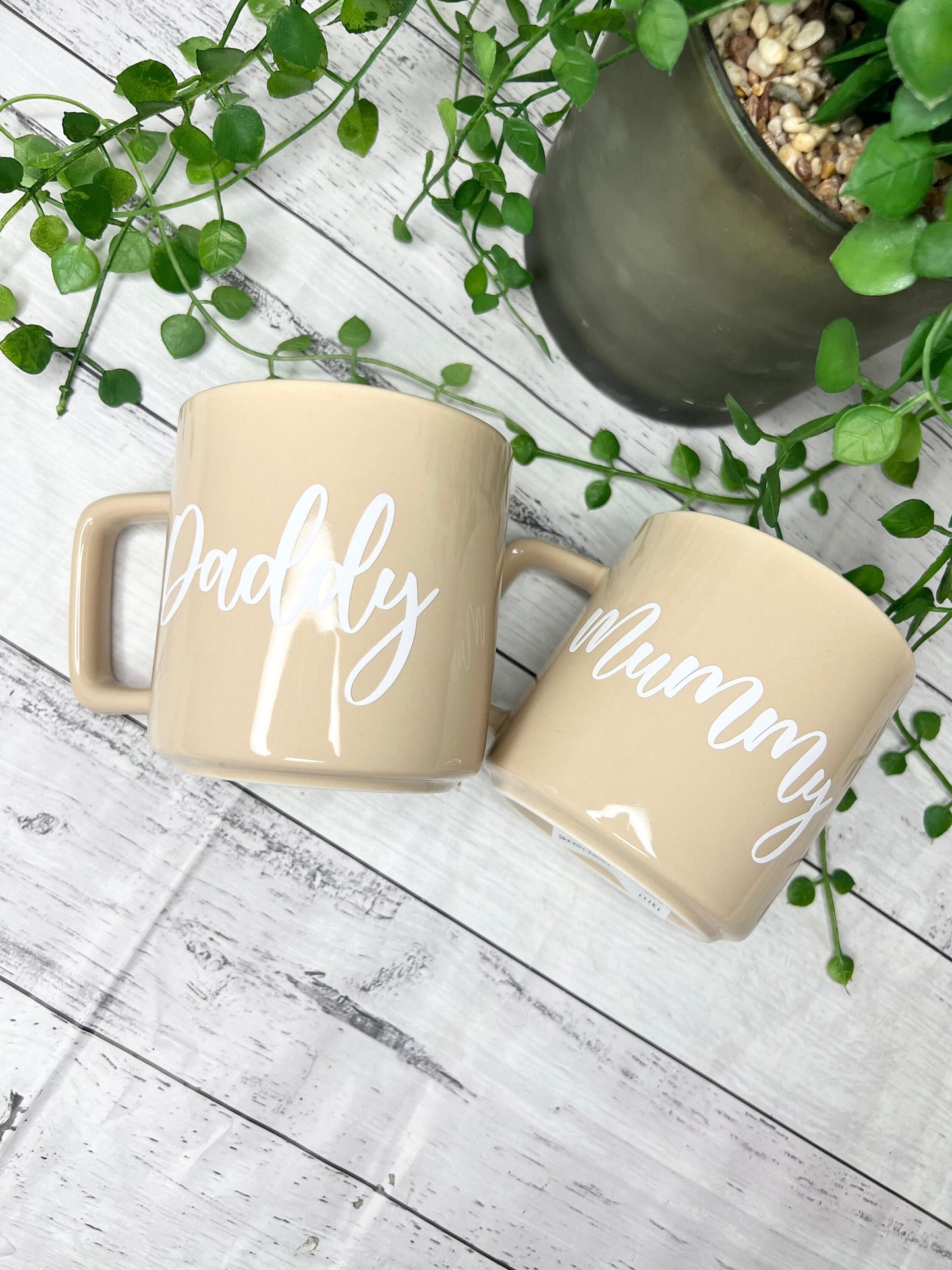 Mummy and Daddy Beige Mugs With White writing Mug set 320ml