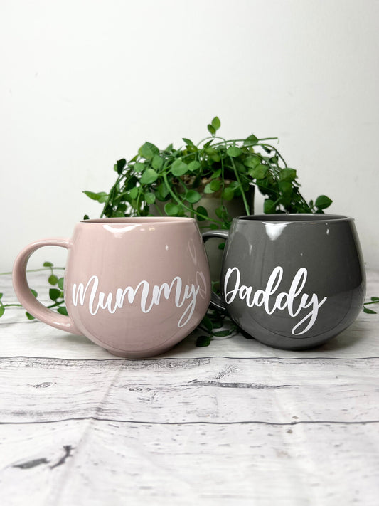Mummy and Daddy Pink and Grey hug mug set  450ml couple set White writing