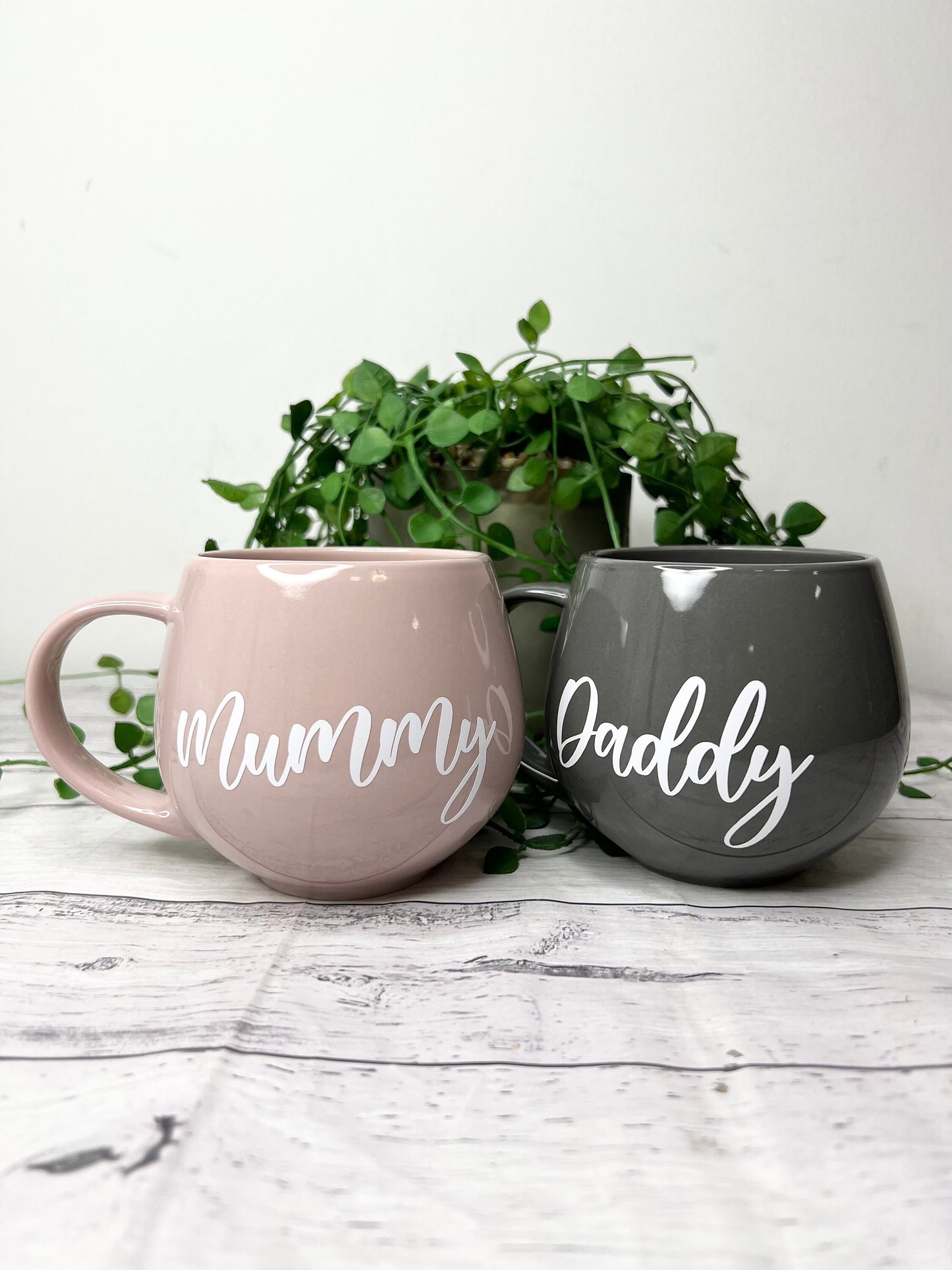 Mummy and Daddy Pink and Grey hug mug set  450ml couple set White writing