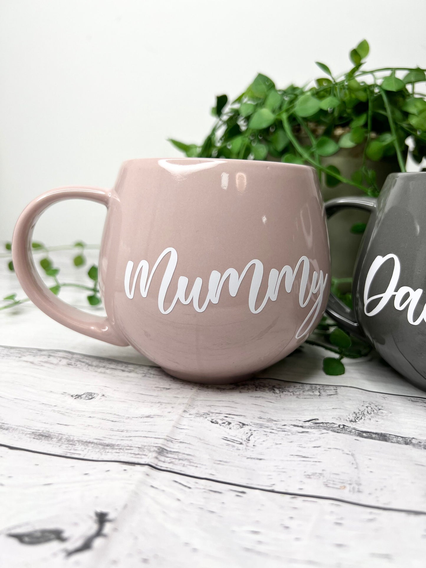 Mummy and Daddy Pink and Grey hug mug set  450ml couple set White writing