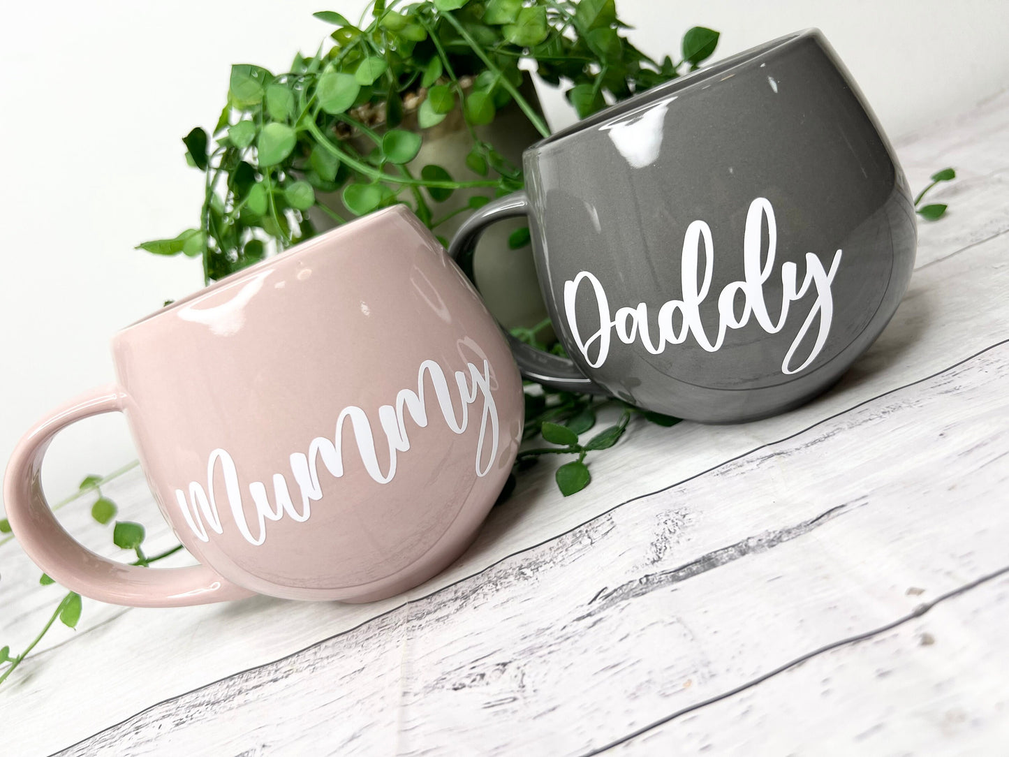 Mummy and Daddy Pink and Grey hug mug set  450ml couple set White writing