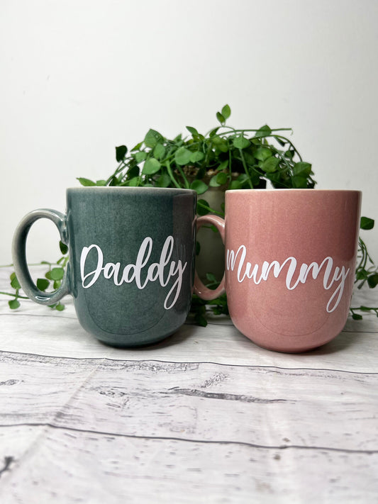 Mummy and Daddy Pink and  Dark Green Mug with White writing Mug set 380ml