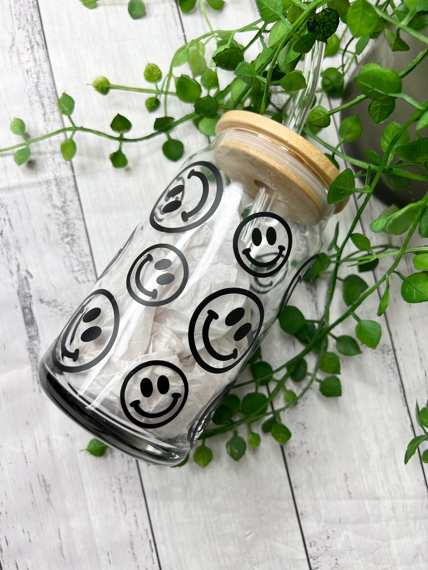 Coffee Smiley beer can ice coffee glass cup 470ml 16oz bamboo lid and glass straw Black