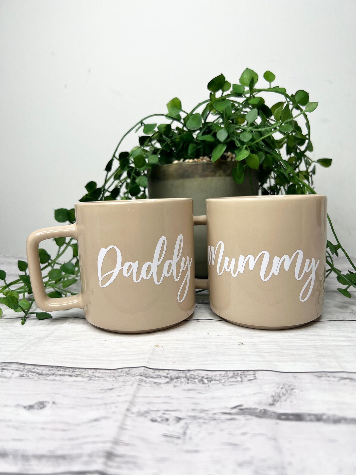 Mummy and Daddy Beige Mugs With White writing Mug set 320ml