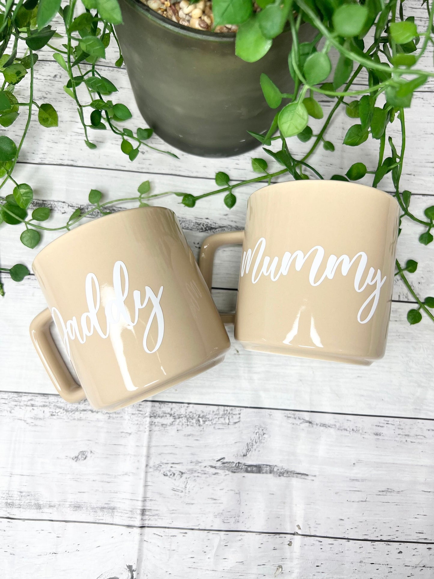 Mummy and Daddy Beige Mugs With White writing Mug set 320ml