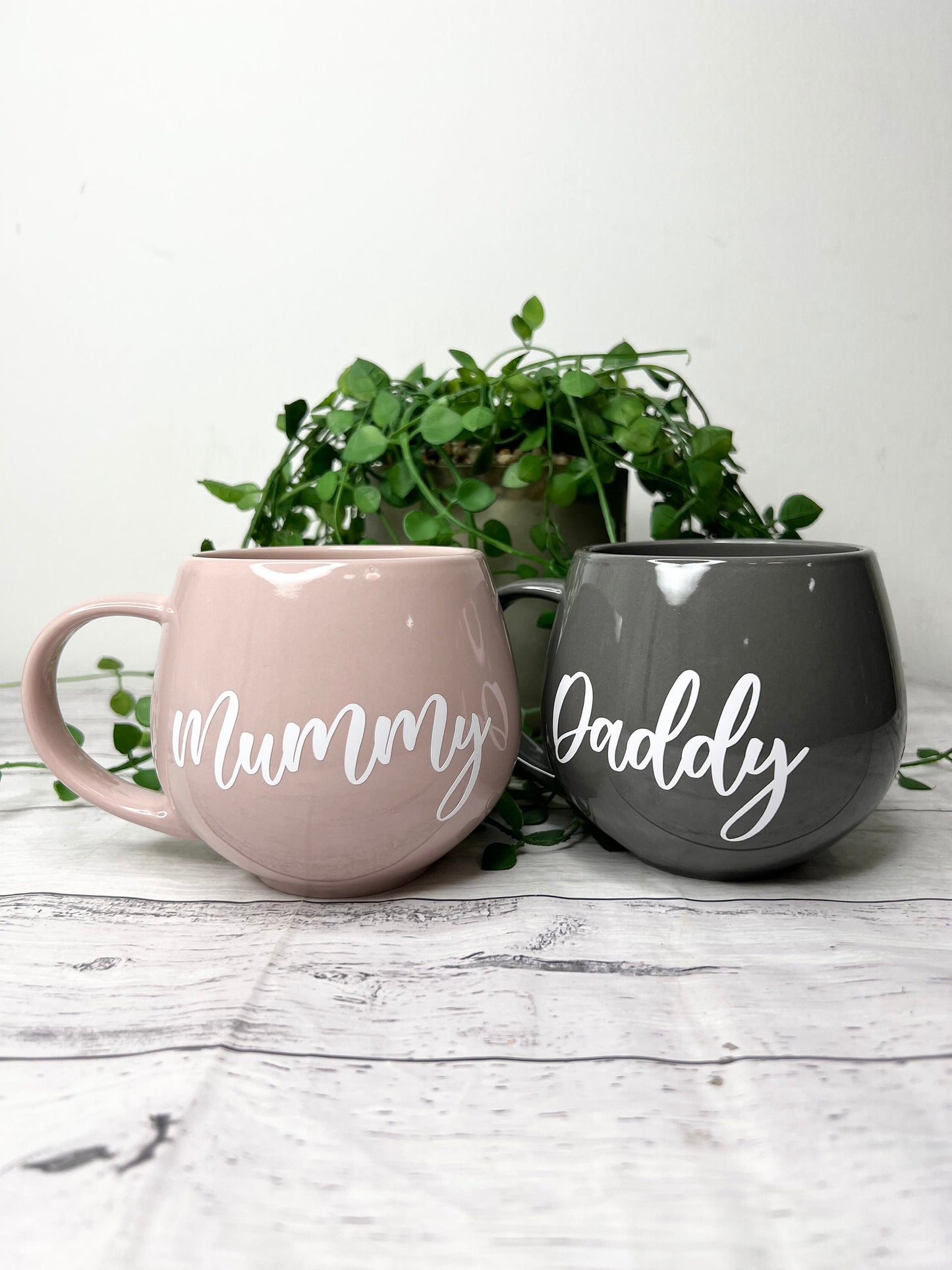 Mummy and Daddy Pink and Grey hug mug set  450ml couple set White writing