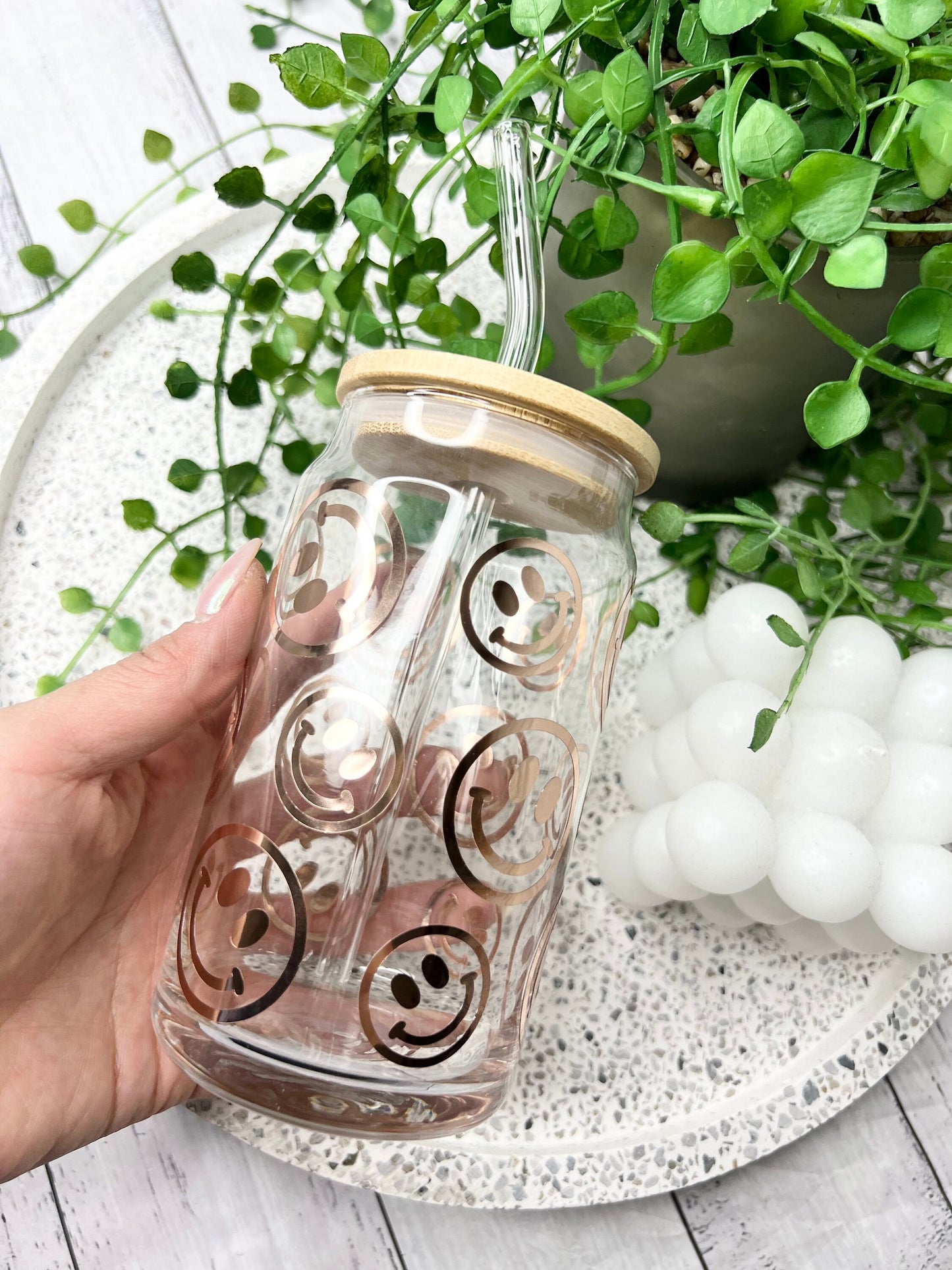 Coffee Smiley beer can ice coffee glass cup 470ml 16oz bamboo lid and glass straw Rose gold matellic