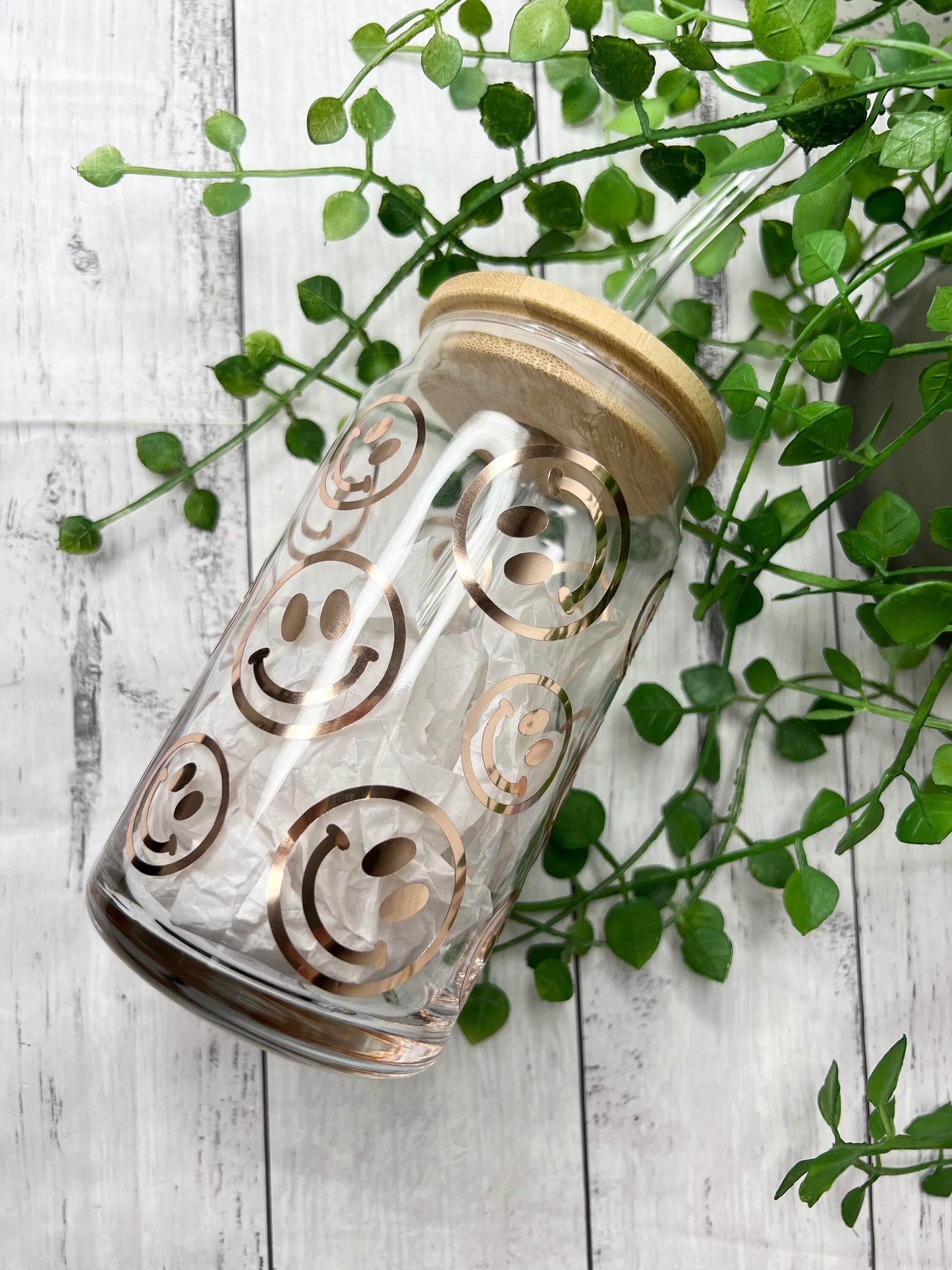 Coffee Smiley beer can ice coffee glass cup 470ml 16oz bamboo lid and glass straw Rose gold matellic