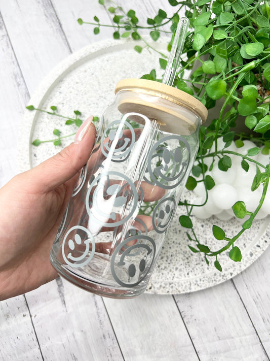 Coffee Smiley beer can ice coffee glass cup 470ml 16oz bamboo lid and glass straw Grey